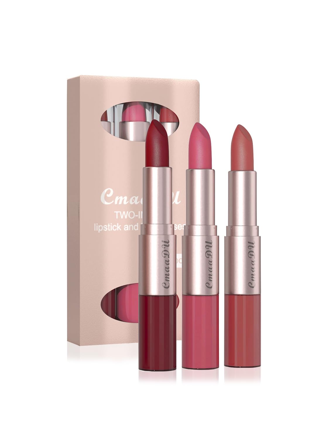 3 Pcs 2 in 1 Lipstick and Lip Gloss Set, Matte Velvet Double Headed High Pigmented Lipstick Gift Set, Waterproof Long Lasting Lip Makeup Gift Set for Women