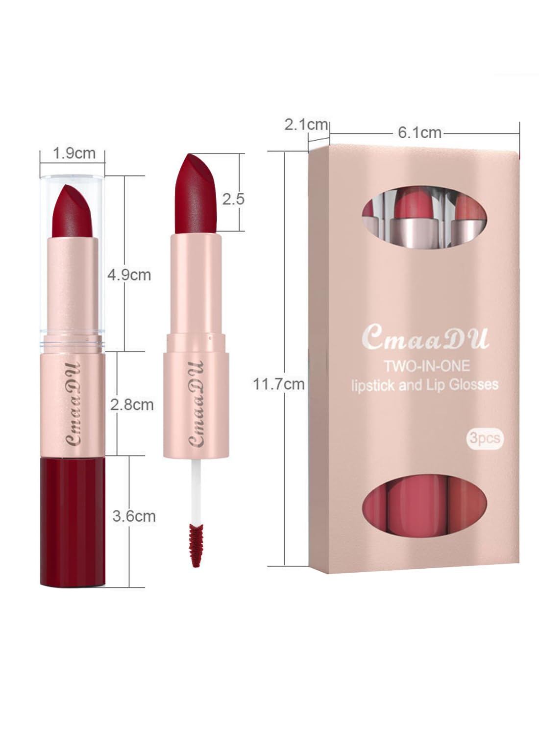 3 Pcs 2 in 1 Lipstick and Lip Gloss Set, Matte Velvet Double Headed High Pigmented Lipstick Gift Set, Waterproof Long Lasting Lip Makeup Gift Set for Women