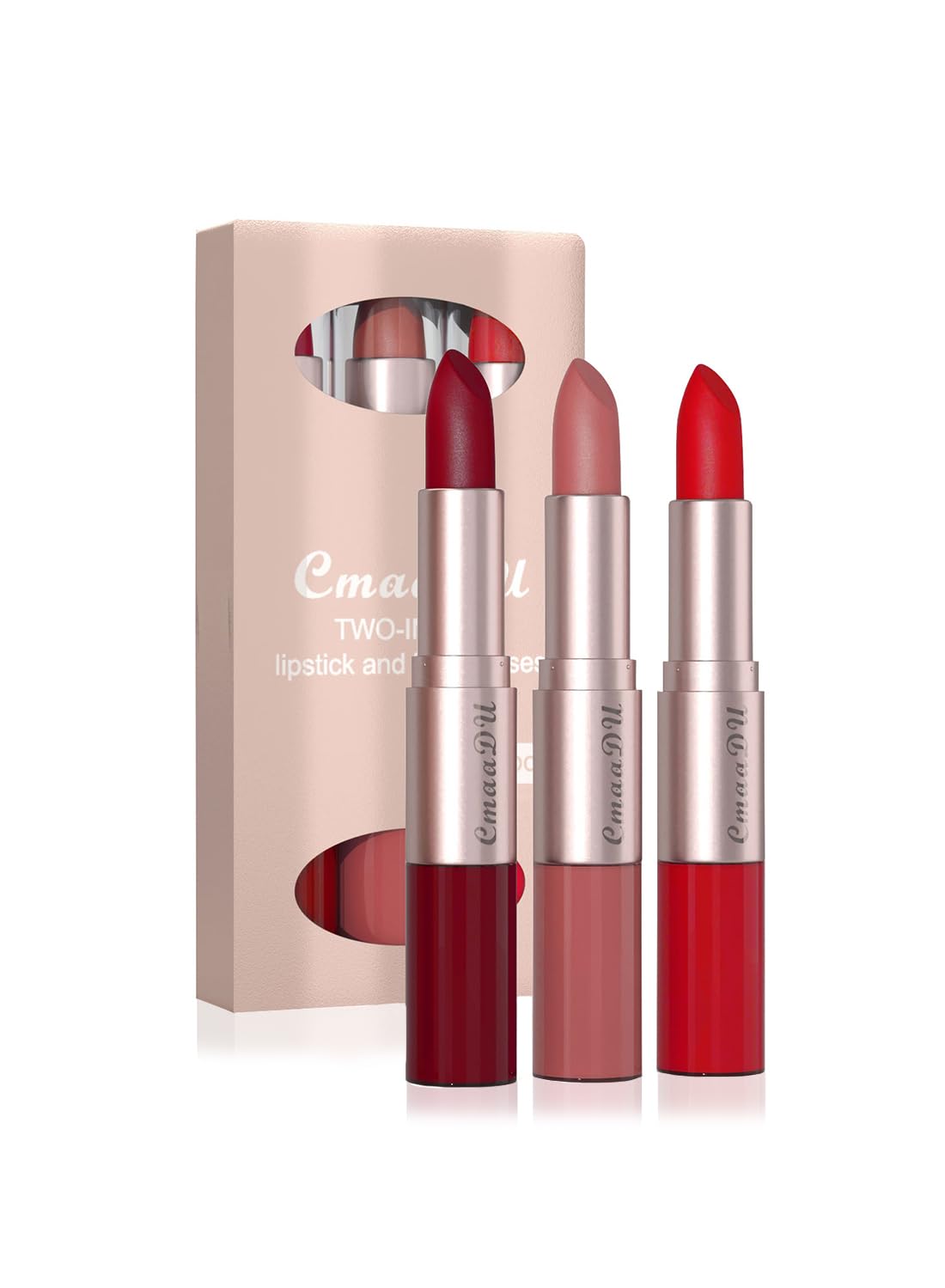 3 Pcs 2 in 1 Lipstick and Lip Gloss Set, Matte Velvet Double Headed High Pigmented Lipstick Gift Set, Waterproof Long Lasting Lip Makeup Gift Set for Women