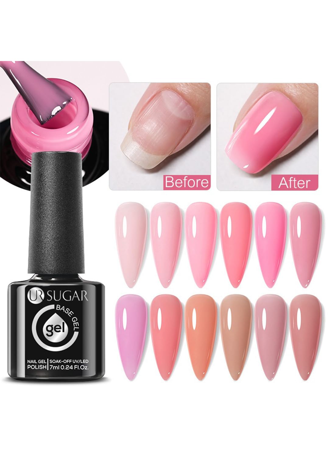 Rubber Base Gel Nail Polish, Soak Off UV LED Shiny Glossy Glitter Nail Gel Polish, Quick Extend Builder Base Nail Gel, Base Coat For Nail Strengthening 7ML