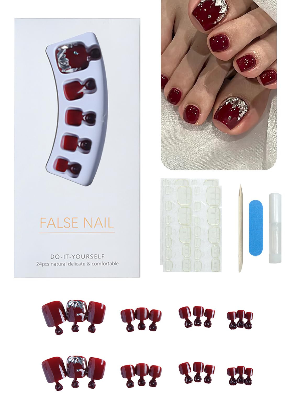 24Pcs Press on Toenails Short, Long Lasting Fake Toe Nails Full Cover, False Toenails for Feet for Summer Nail Art with Nail File Nail Stick & 72 Pcs Nail Adhesive Glue