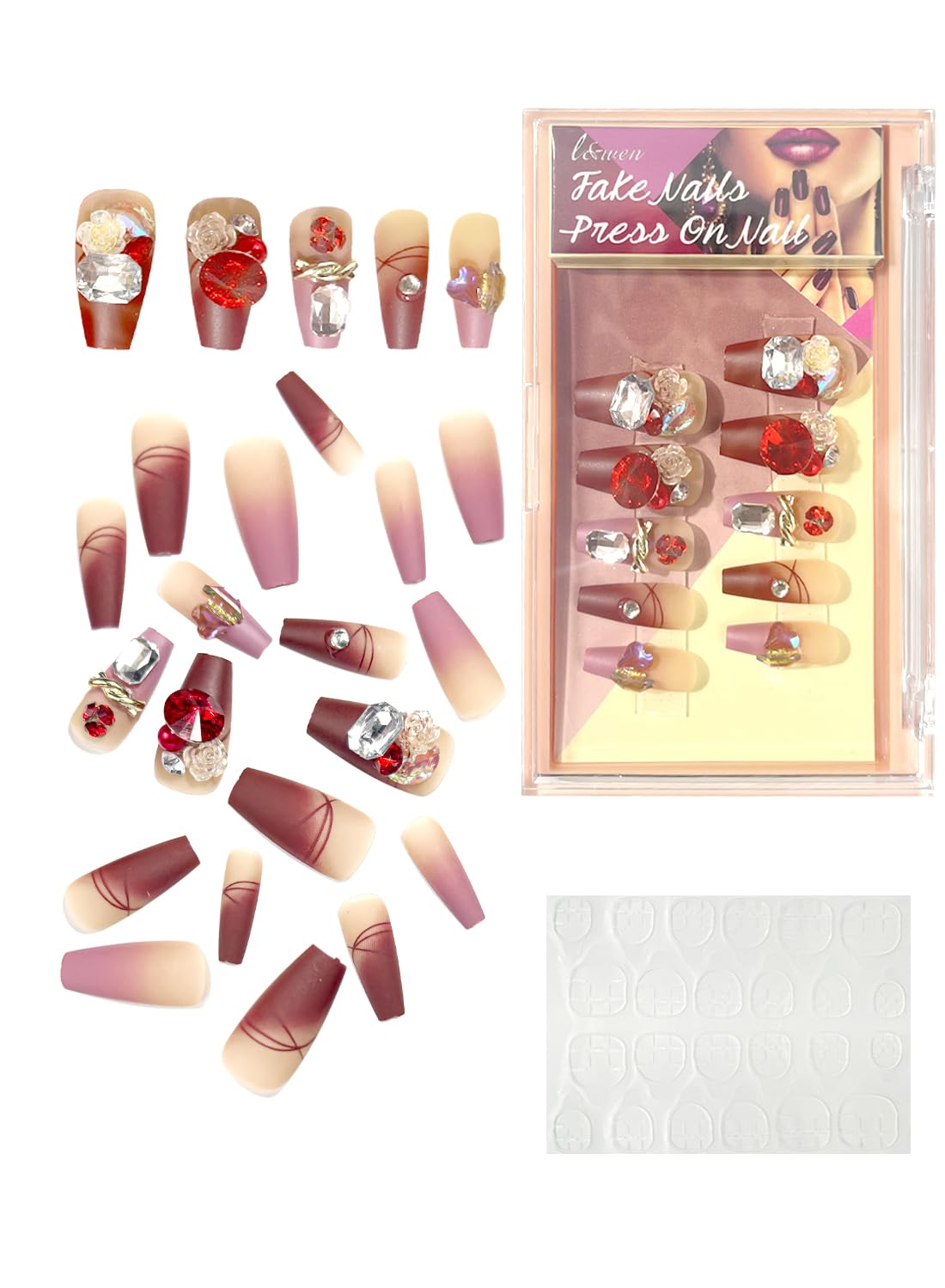 24Pcs Press on Nails, Long Lasting Chip-Free Press Ons Square for Gift, Nails Tip Set for Salons and DIY with 36Pcs Nail Adhesive Glue Tapes for Women