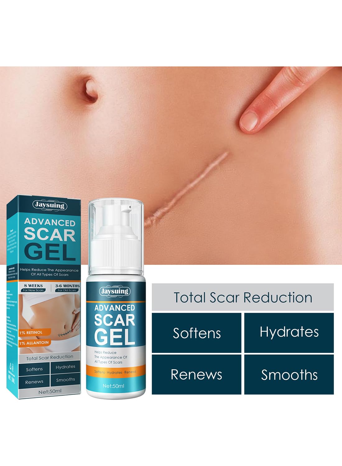 Jaysuing 100% Silicone Scar Gel, Effective Quick Acting Scar Removal Cream 50g