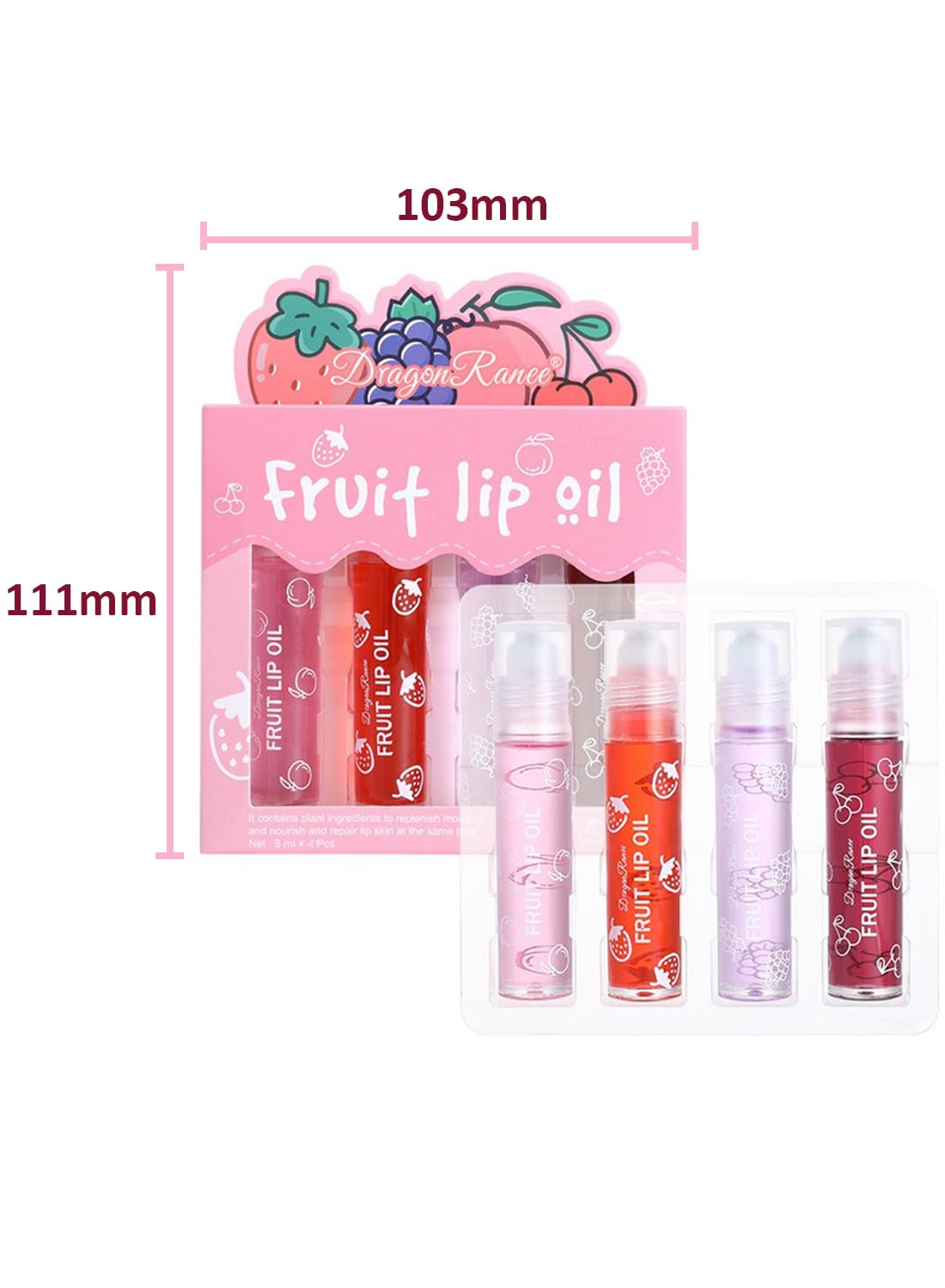 4Pcs Glossy Fruit Roll-on Lip Oil Set, Moisturizing Clear Gloss for Lip Care