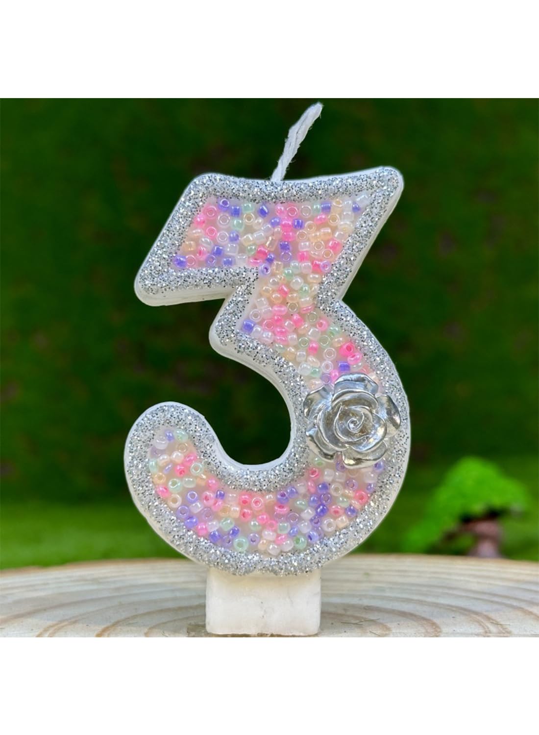 White Number Silver Flower Cake Candle