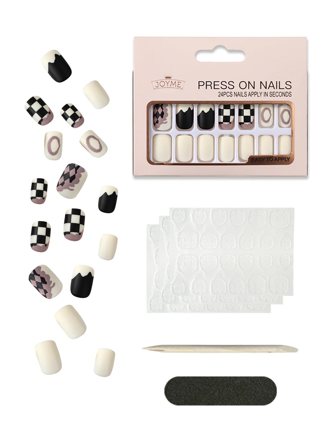 24 Pcs Press On Nails Short, Reusable Natural French Gel Nail Tips Set for Salons and DIY with 72 Pcs Nail Adhesive Glue Tabs & Mini Nail File & Manicure Mini Stick for Women