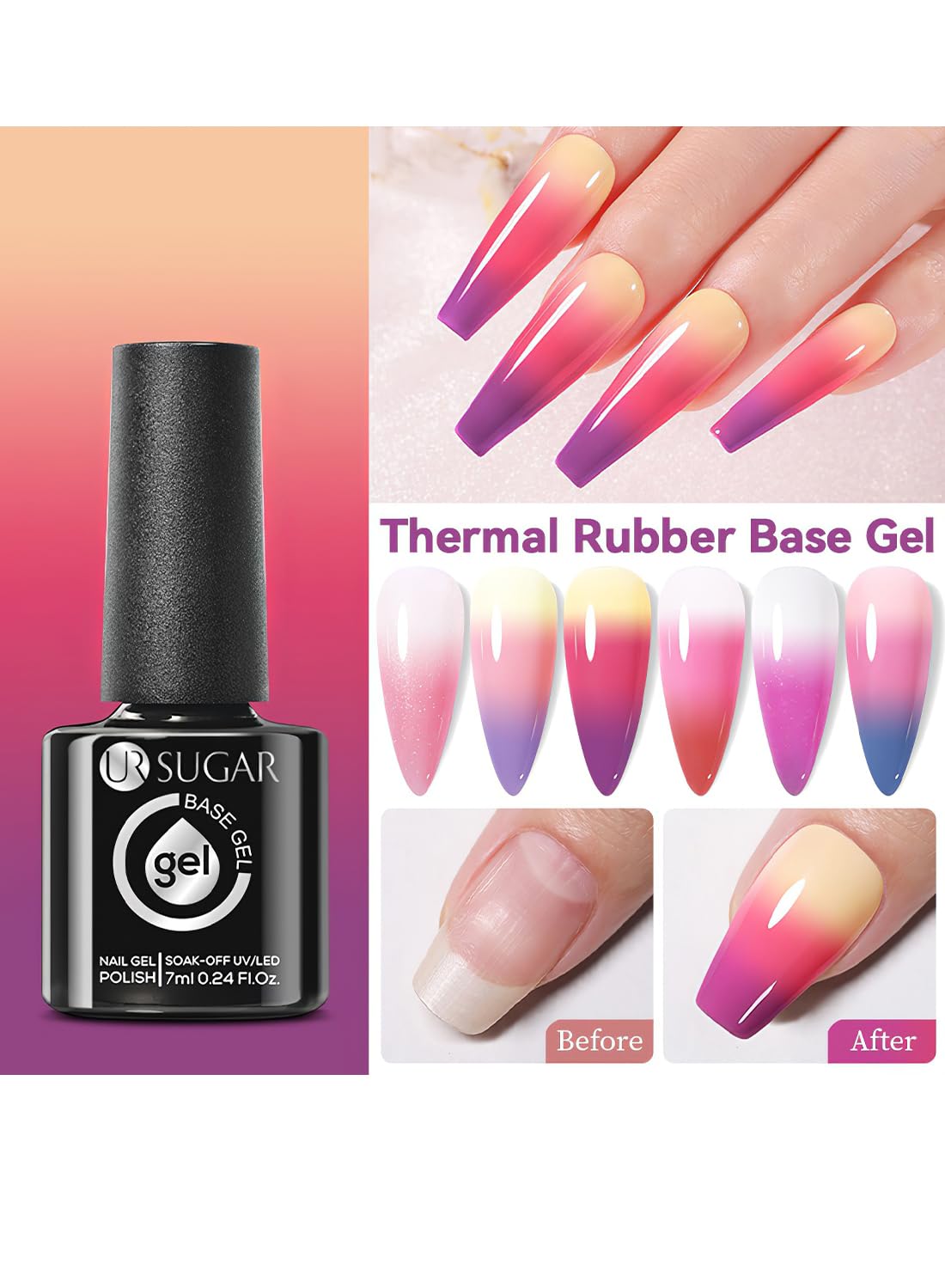 Rubber Base Gel Nail Polish, Temperature Changing Ombre Glitter Nail Gel Polish, Soak Off UV/LED, Builder Base Nail Gel, Base Coat For Nail Strengthening 7ML