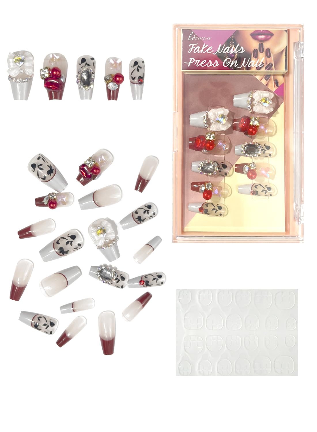 24Pcs Press on Nails, Long Lasting Chip-Free Press Ons Square for Gift, Nails Tip Set for Salons and DIY with 36Pcs Nail Adhesive Glue Tapes for Women