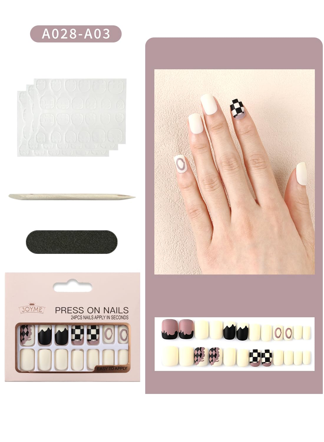 24 Pcs Press On Nails Short, Reusable Natural French Gel Nail Tips Set for Salons and DIY with 72 Pcs Nail Adhesive Glue Tabs & Mini Nail File & Manicure Mini Stick for Women