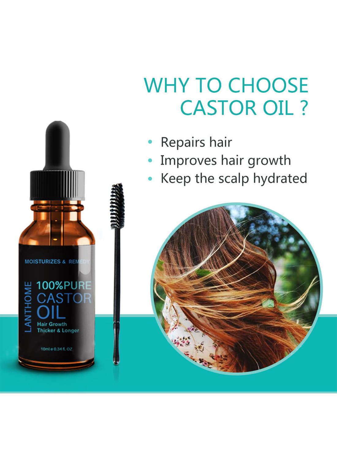 Castor Oil, 100% Pure, Cold Pressed, Castor Hair Oil, Hair Growth Oil, Stimulate Healthy Growth for Eyelashes, Eyebrows and Hair, Hair Growth Serum for Thicker and Longer Hair 10ml