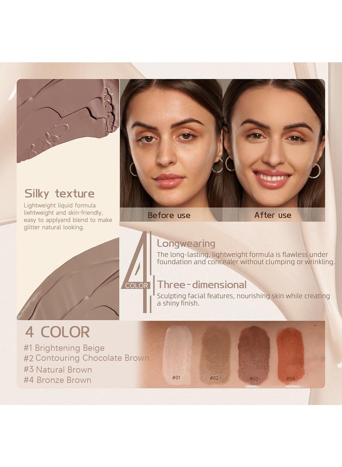 Royues Liquid Contour, Highly Pigmented Long Lasting Cream Contour Stick, Lightweight Face Bronzer Makeup, Delicate Face Contouring Highlighter Sticks 7ml
