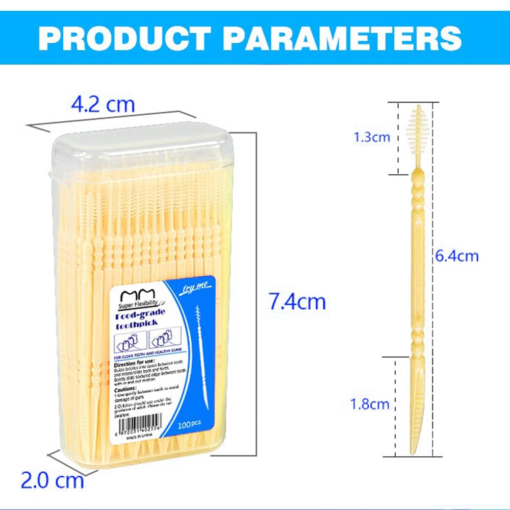 2-in-1 Double Head Interdental Toothpick Brush, Plastic Dental Floss Picks - 100 Pcs/Box, Yellow