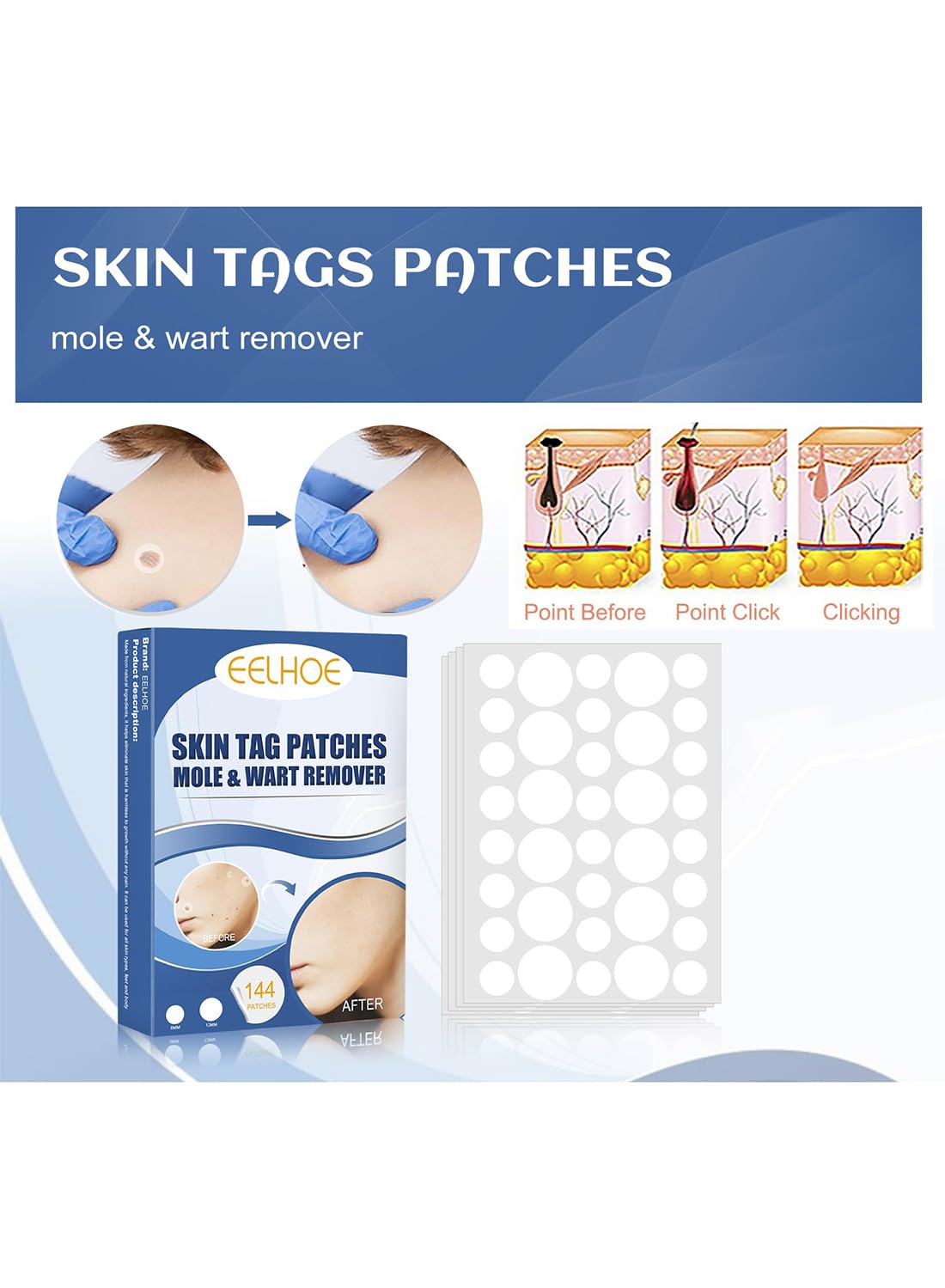 144Pcs Wart and Mole Remover, Easy-to-Use Waterproof Transparent Stickers