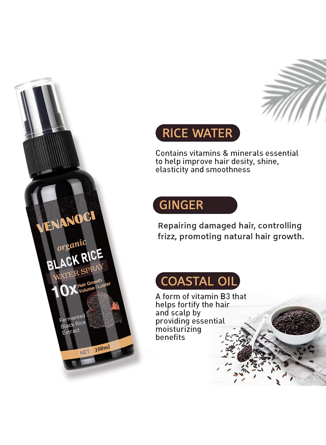 Hair Helper Spray, Moisturizing Strengthening Hair Growth Spray for Thinning Hair, Anti Hair Loss Volumizing Organic Black Rice Water Spray for Hair Growth, Restore Dry Damaged Hair 100ml