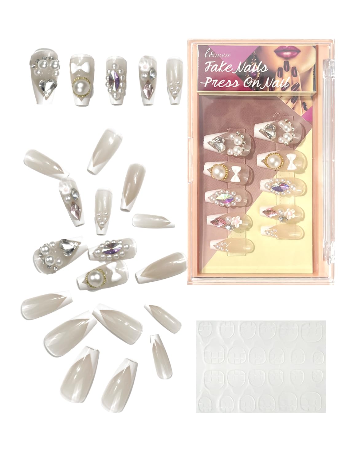 24Pcs Press on Nails, Long Lasting Chip-Free Press Ons Square for Gift, Nails Tip Set for Salons and DIY with 36Pcs Nail Adhesive Glue Tapes for Women