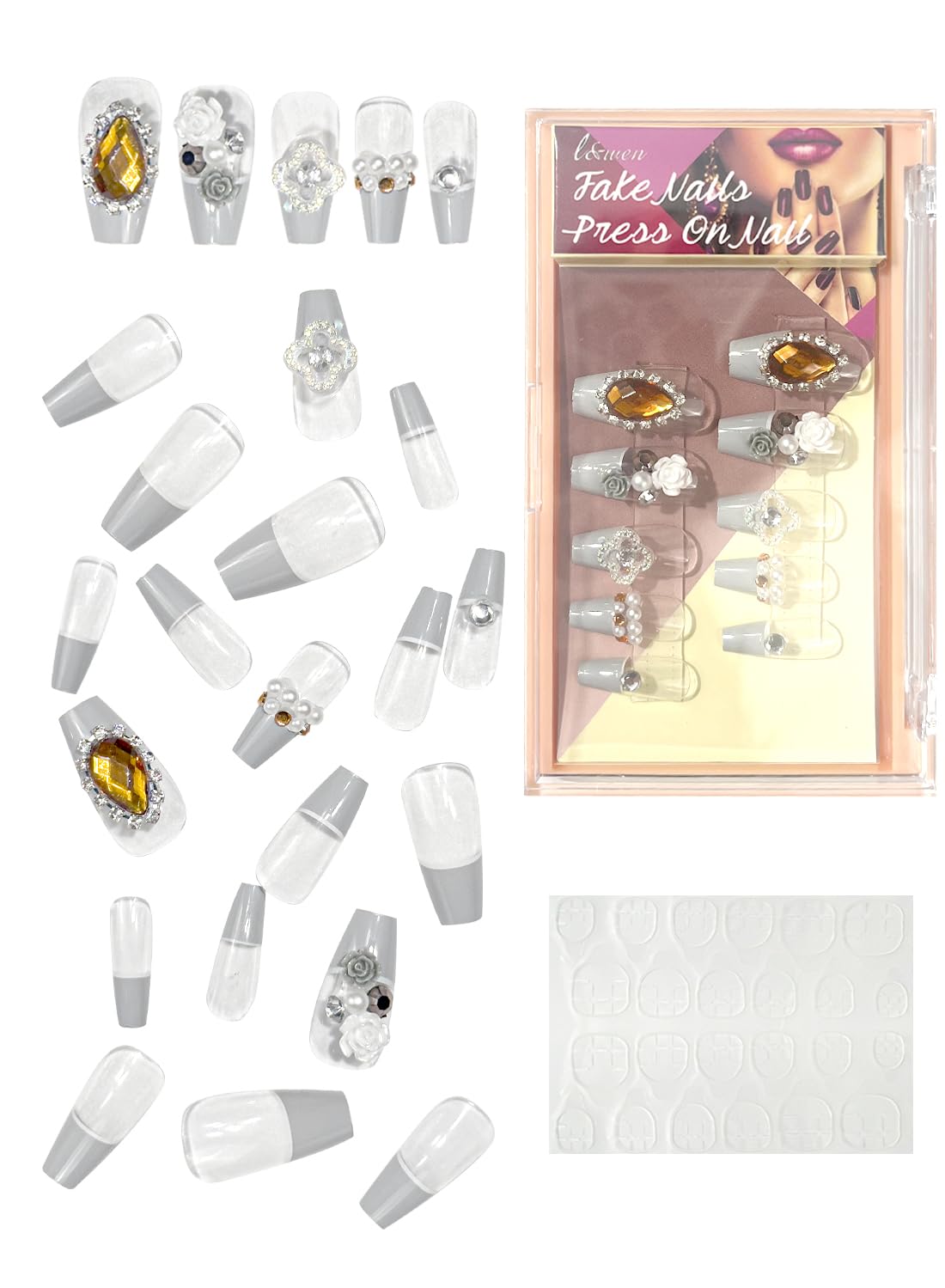 24Pcs Press on Nails, Long Lasting Chip-Free Press Ons Square for Gift, Nails Tip Set for Salons and DIY with 36Pcs Nail Adhesive Glue Tapes for Women