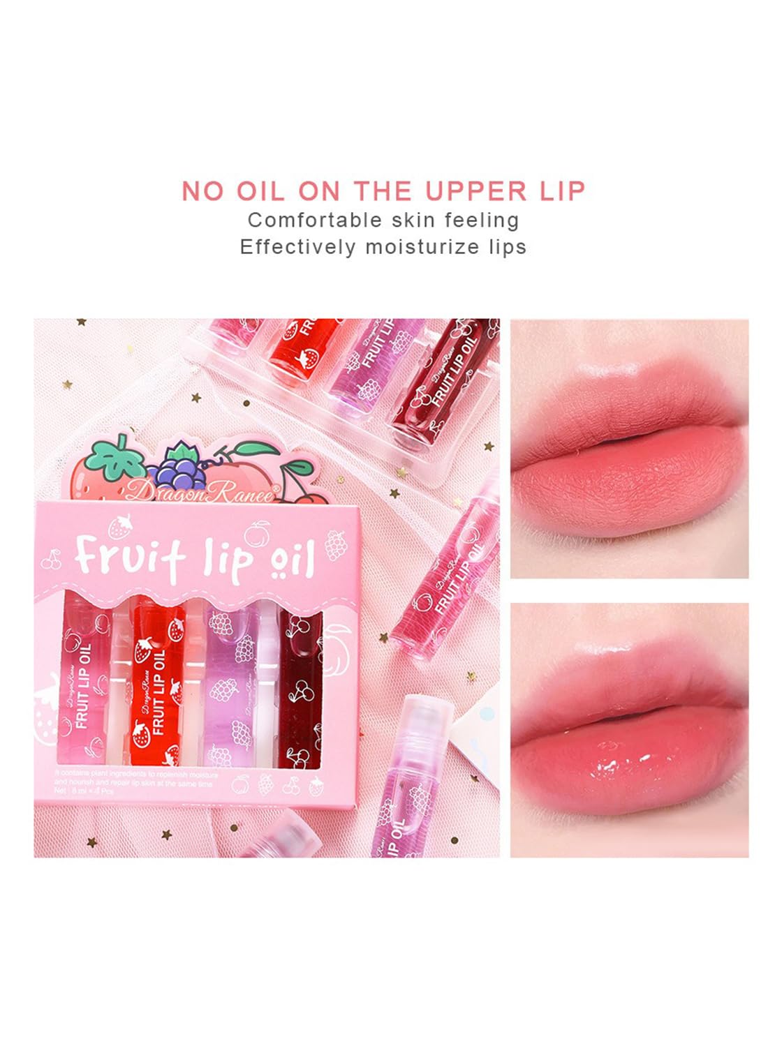 4Pcs Glossy Fruit Roll-on Lip Oil Set, Moisturizing Clear Gloss for Lip Care