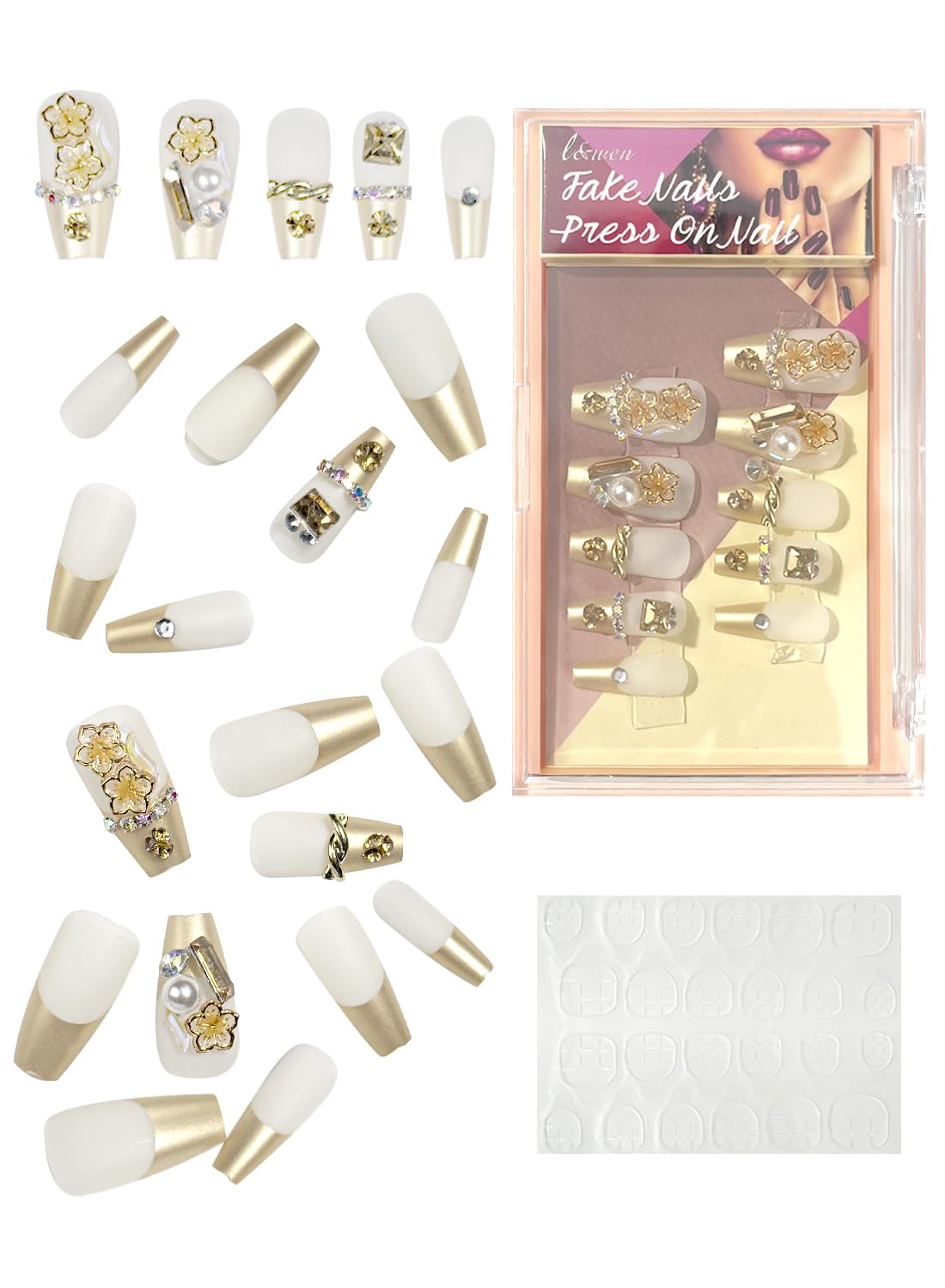24Pcs Press on Nails, Long Lasting Chip-Free Press Ons Square for Gift, Nails Tip Set for Salons and DIY with 36Pcs Nail Adhesive Glue Tapes for Women