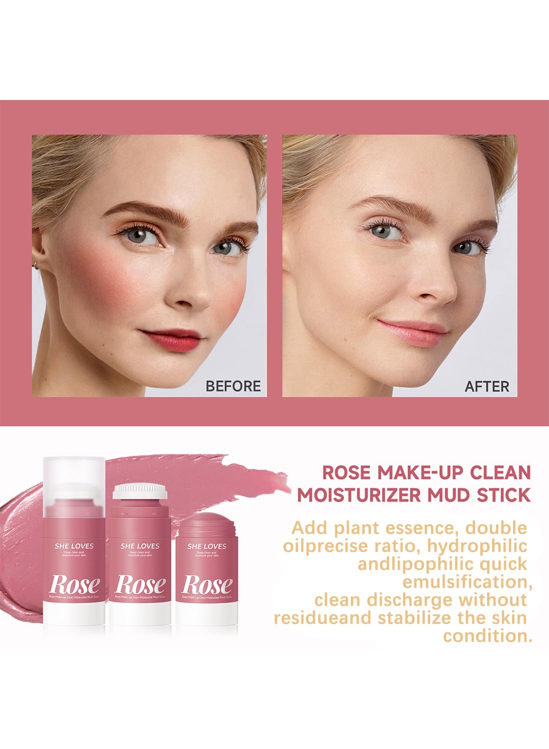 Rose Makeup Clean Moisturizer Mud Stick Deep Cleansing Moisturizing Mild Refreshing Comfortable Easy Emulsification and Cleaning Suitable for Sensitive Skin 33g