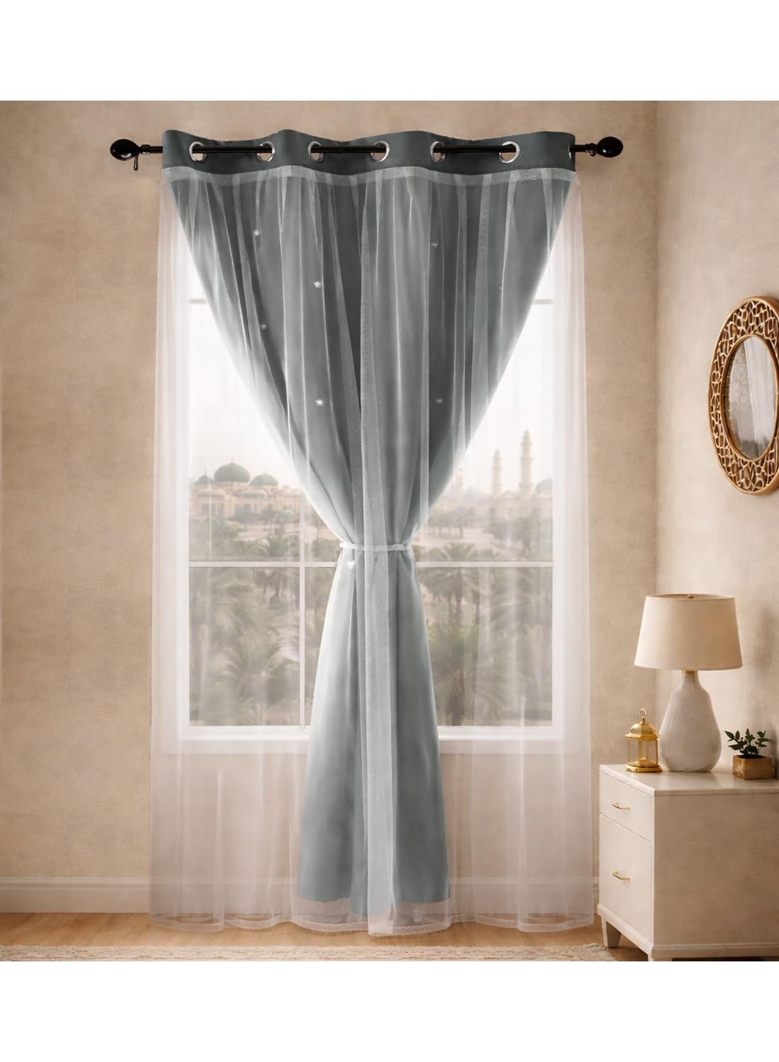 L&wen Star Blackout Curtains with Sheer, Drapes Grommet Room Darkening Curtain for Bedroom