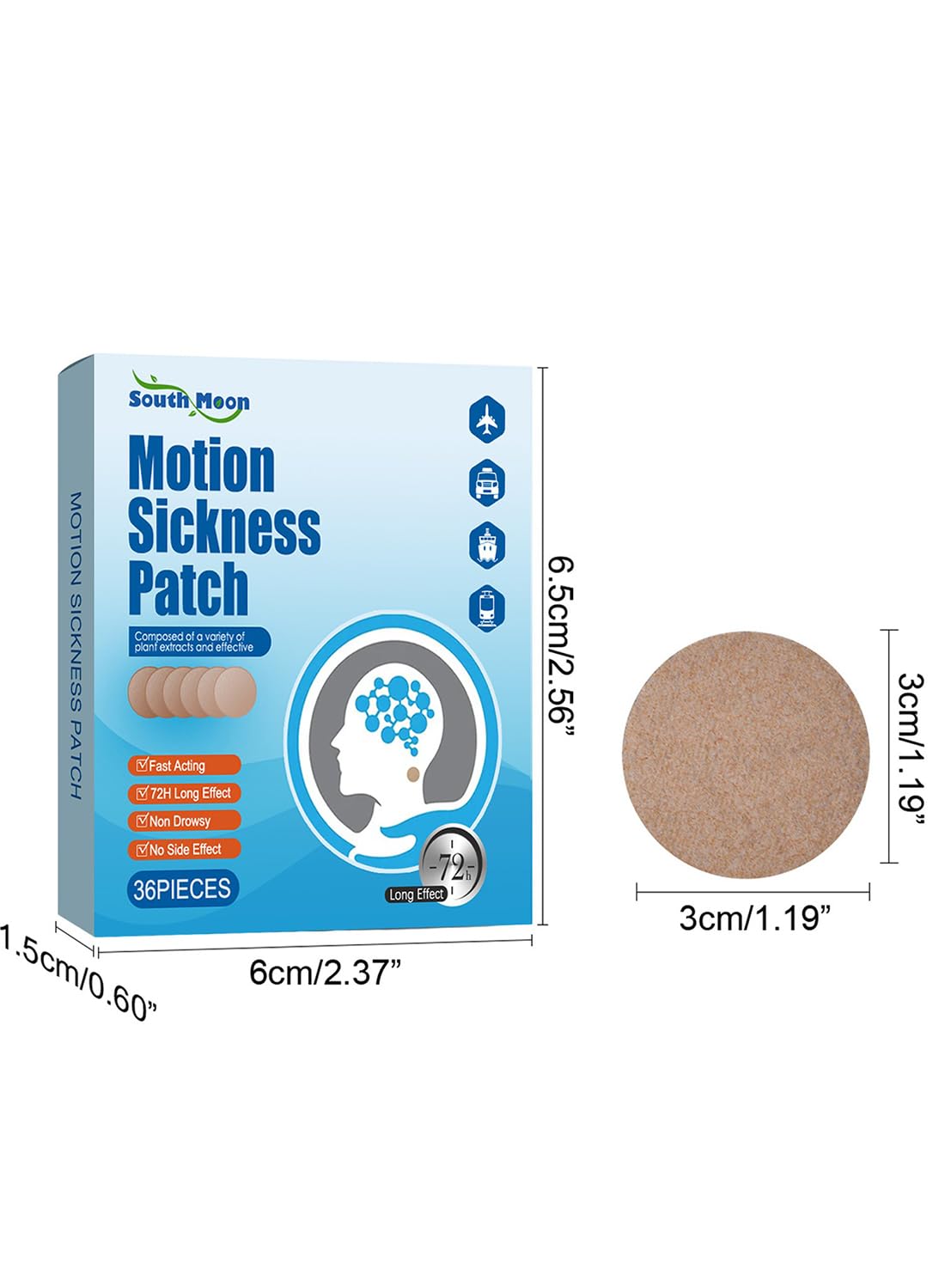 Motion Sickness Patch, Fast Acting Sea Sickness Patches Behind Ear - 36 Pcs