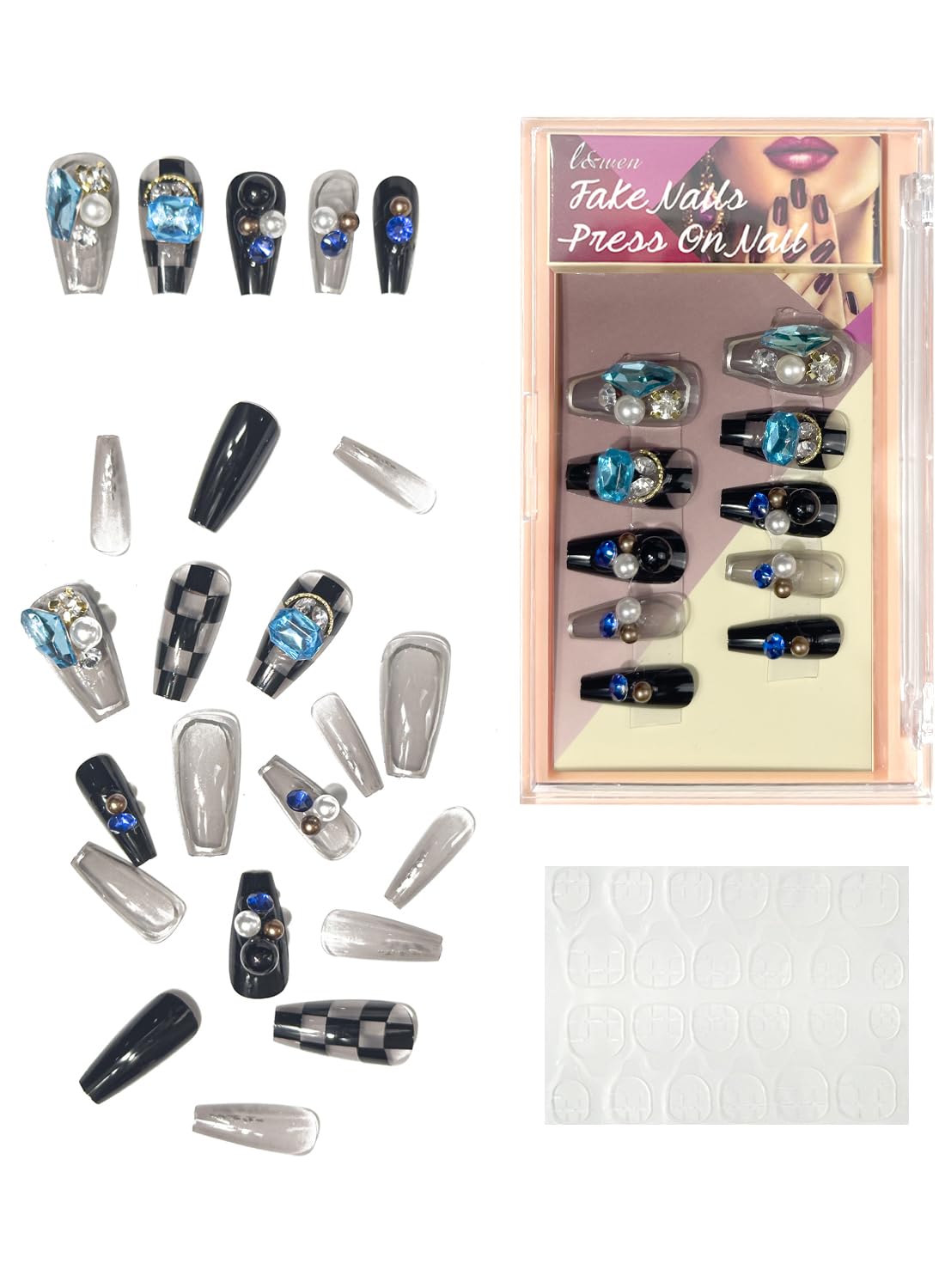 24Pcs Press on Nails, Long Lasting Chip-Free Press Ons Square for Gift, Nails Tip Set for Salons and DIY with 36Pcs Nail Adhesive Glue Tapes for Women