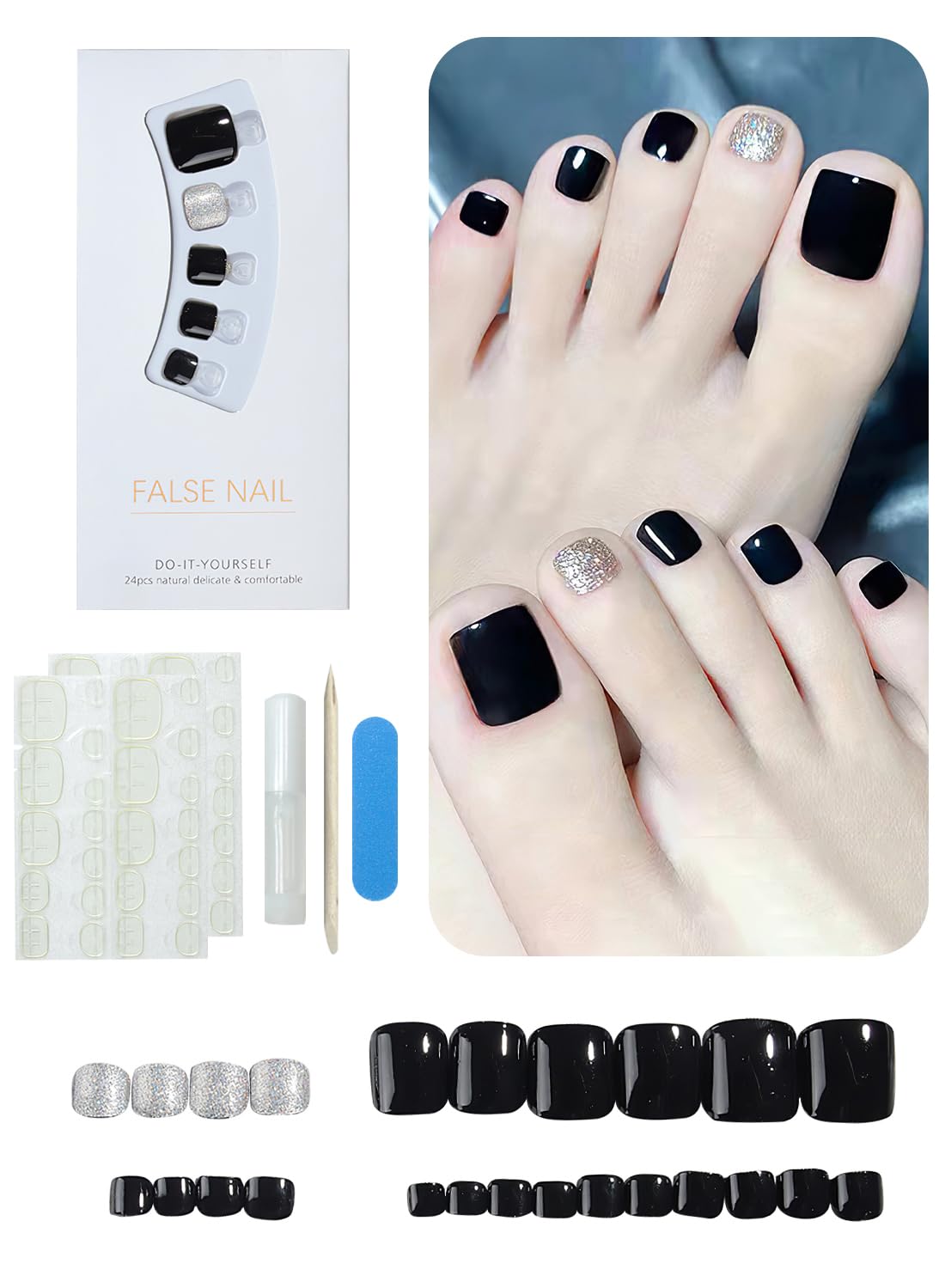 24Pcs Press on Toenails Short, Long Lasting Fake Toe Nails Full Cover, False Toenails for Feet for Summer Nail Art with Nail File Nail Stick & 72 Pcs Nail Adhesive Glue