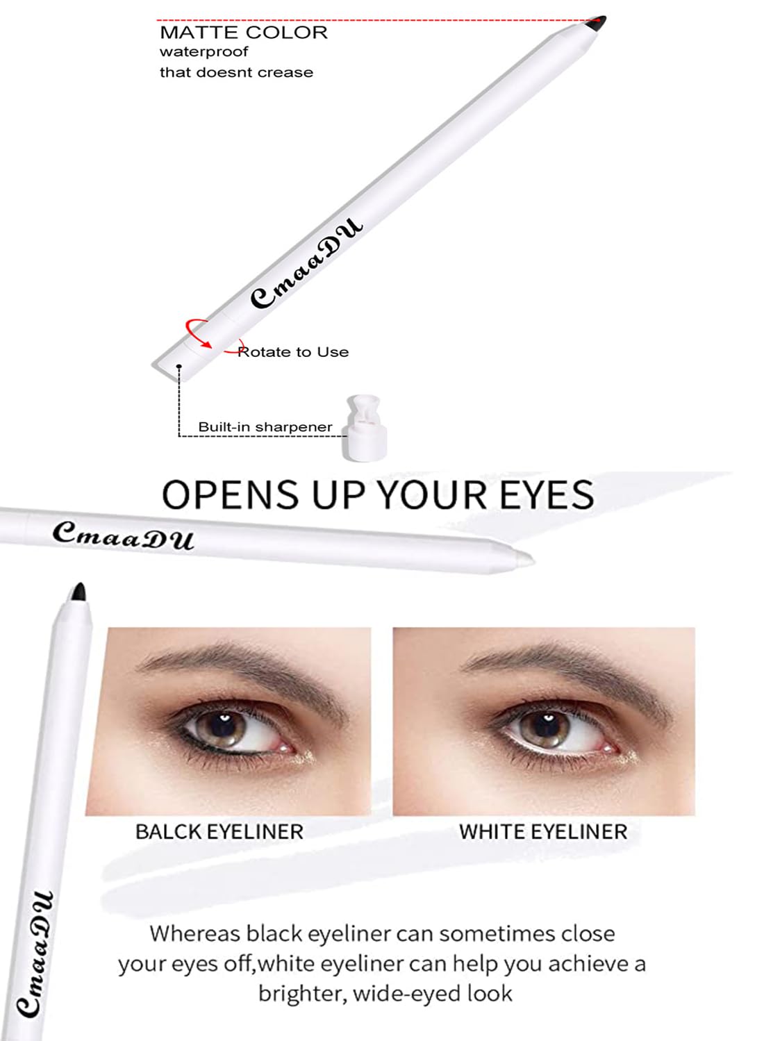 2Pcs Black & White Eyeliner Pencil, Multi-Use Waterproof Smudge Proof Mechanical Eyeliner Pencil, Smooth Eye Brightener with Ultra-Fine Tip, Long Lasting Silkworm Eye Liner Cream, Gift Set for Women