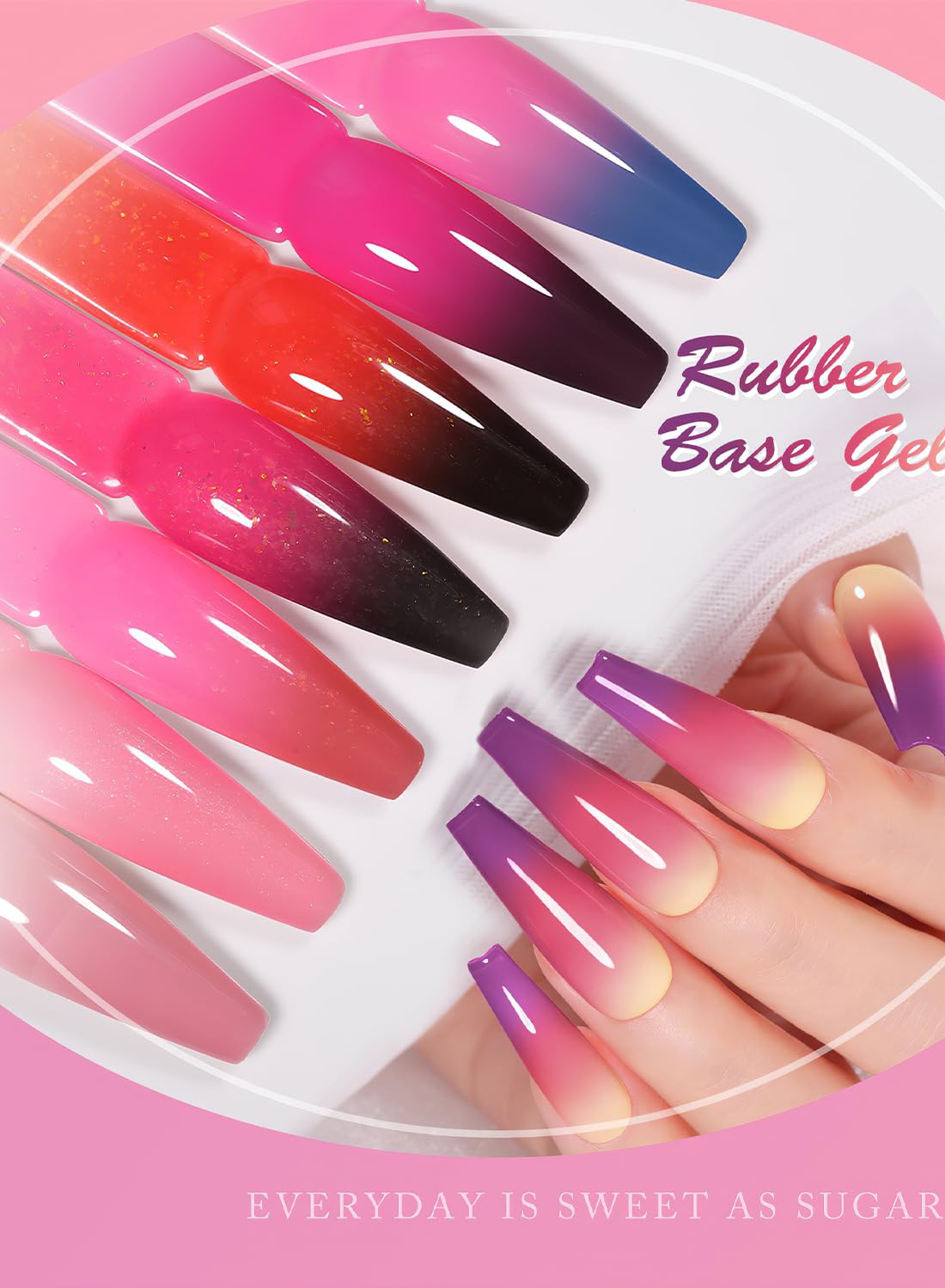 Rubber Base Gel Nail Polish, Temperature Changing Ombre Glitter Nail Gel Polish, Soak Off UV/LED, Builder Base Nail Gel, Base Coat For Nail Strengthening 7ML