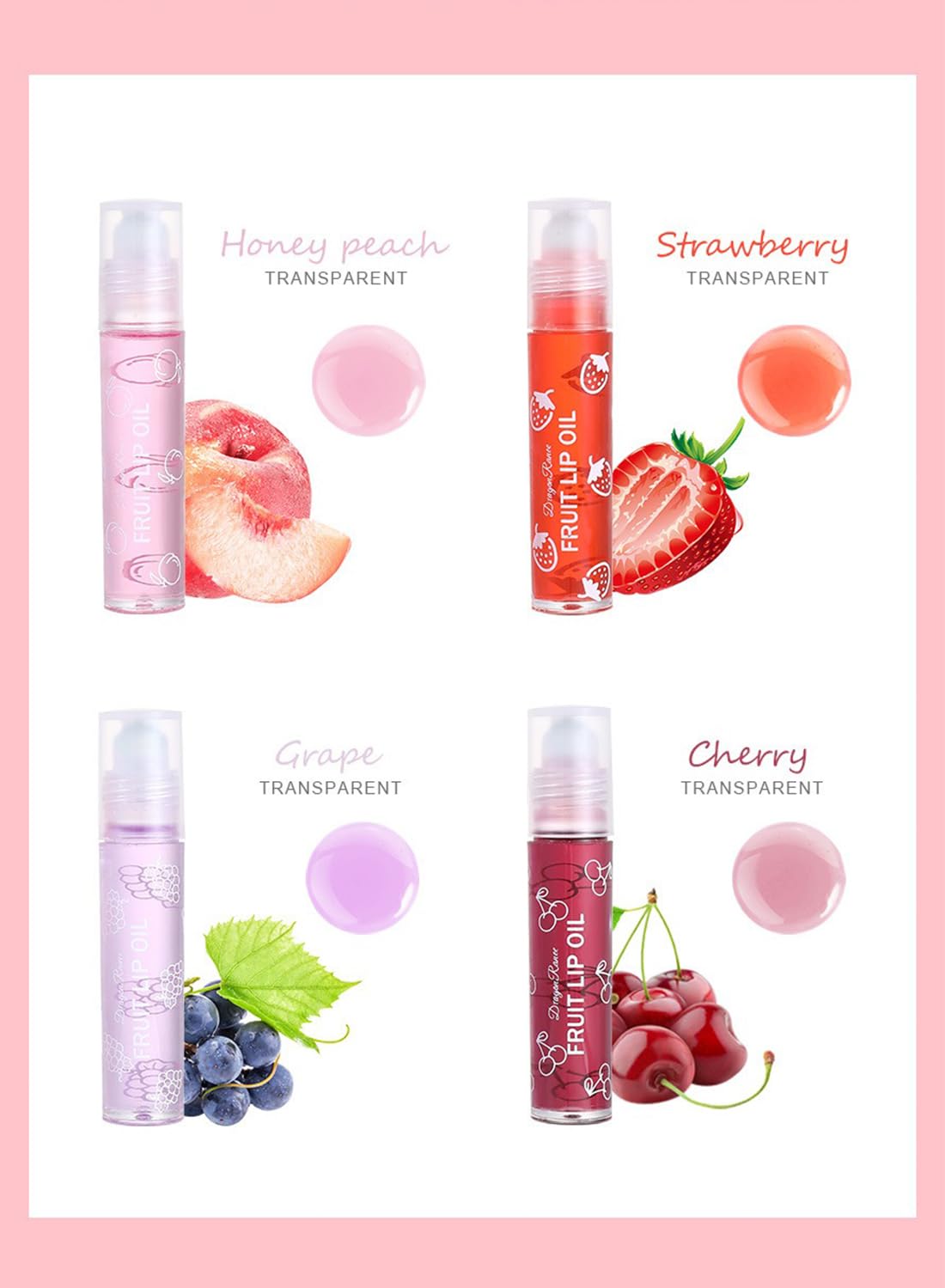 4Pcs Glossy Fruit Roll-on Lip Oil Set, Moisturizing Clear Gloss for Lip Care