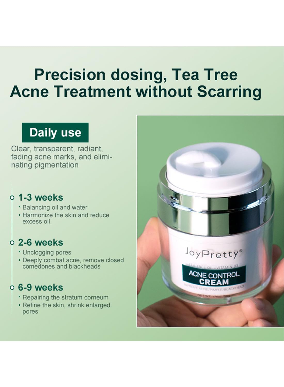 Acne Treatment Face Cream with Tea Tree Oil & Vitamin B3, Inflammation Soothing Acne Moisturizer, Acne Remover for Stubborn Pimple Blackhead Whitehead Blemish, Shrink Enlarged Pores 50g