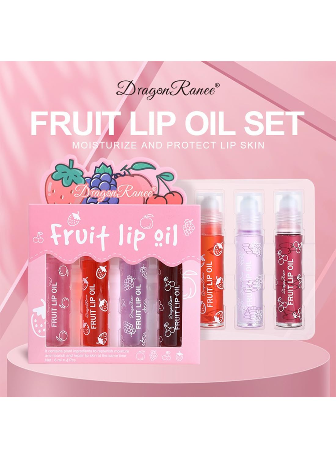 4Pcs Glossy Fruit Roll-on Lip Oil Set, Moisturizing Clear Gloss for Lip Care