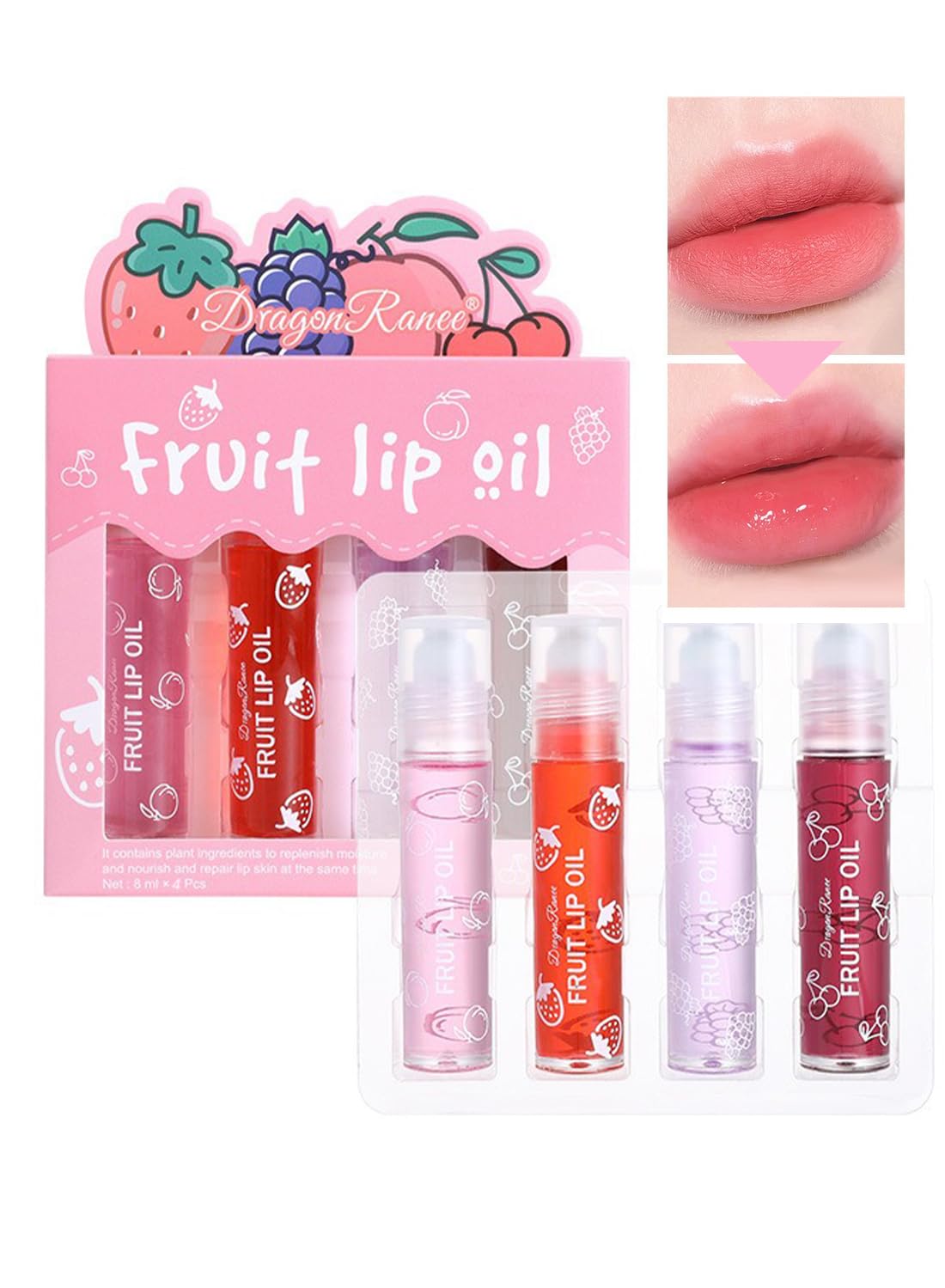 4Pcs Glossy Fruit Roll-on Lip Oil Set, Moisturizing Clear Gloss for Lip Care