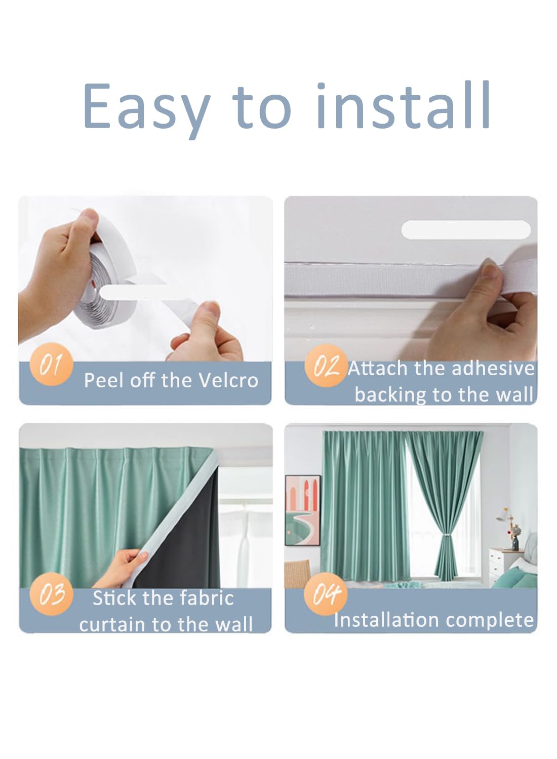 Velcro High Blackout Curtains, Without Rods and Thermal Insulated Curtains for Bedroom and Living Room