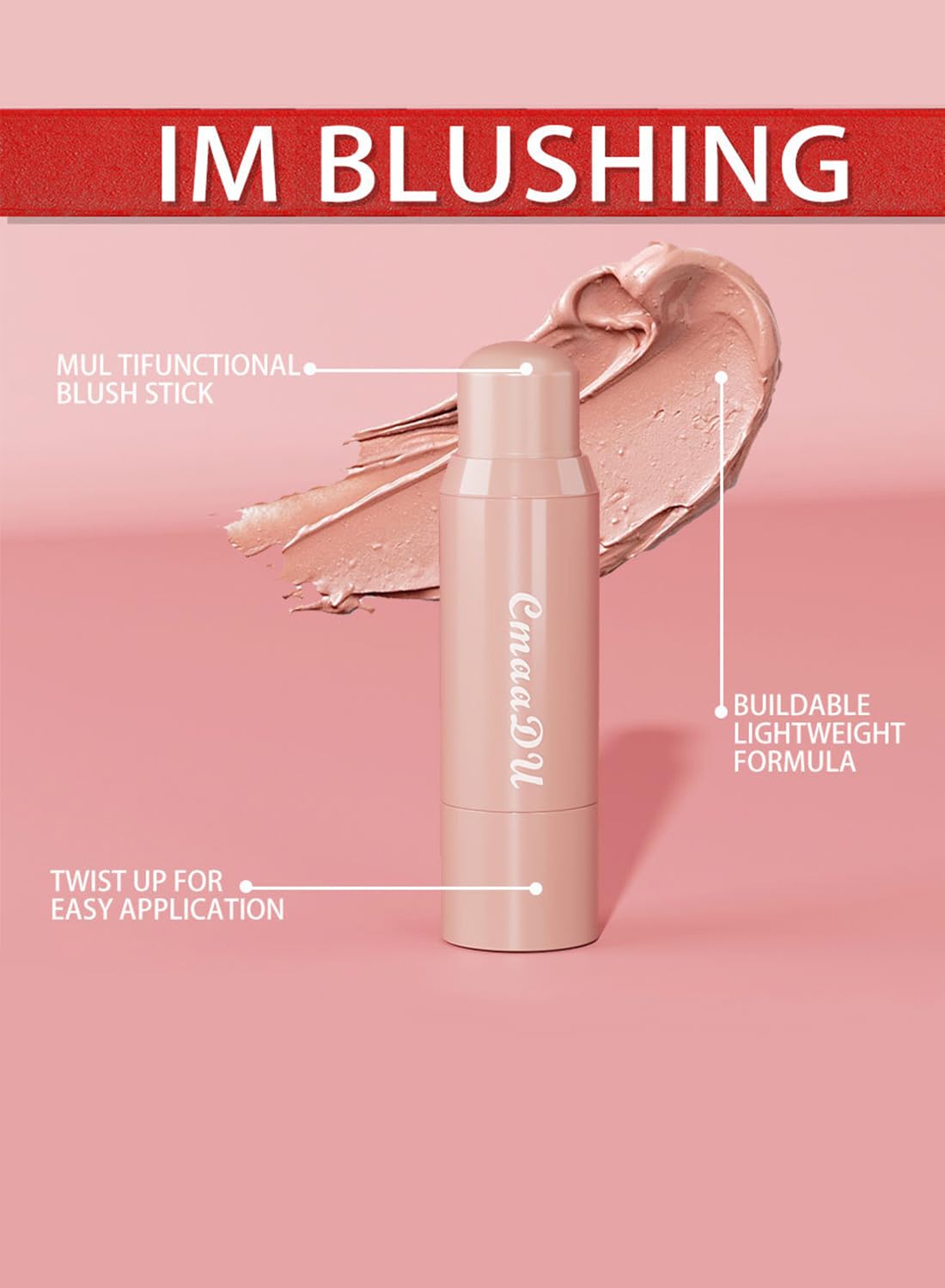 2 in 1 Lipstick and Blush, High Pigment Longwear Natural Blush Stick, Waterproof Velvet Texture Lip Gloss Stick for Cheeks Eyes Lips, Matte Finish, for All Skin Tones