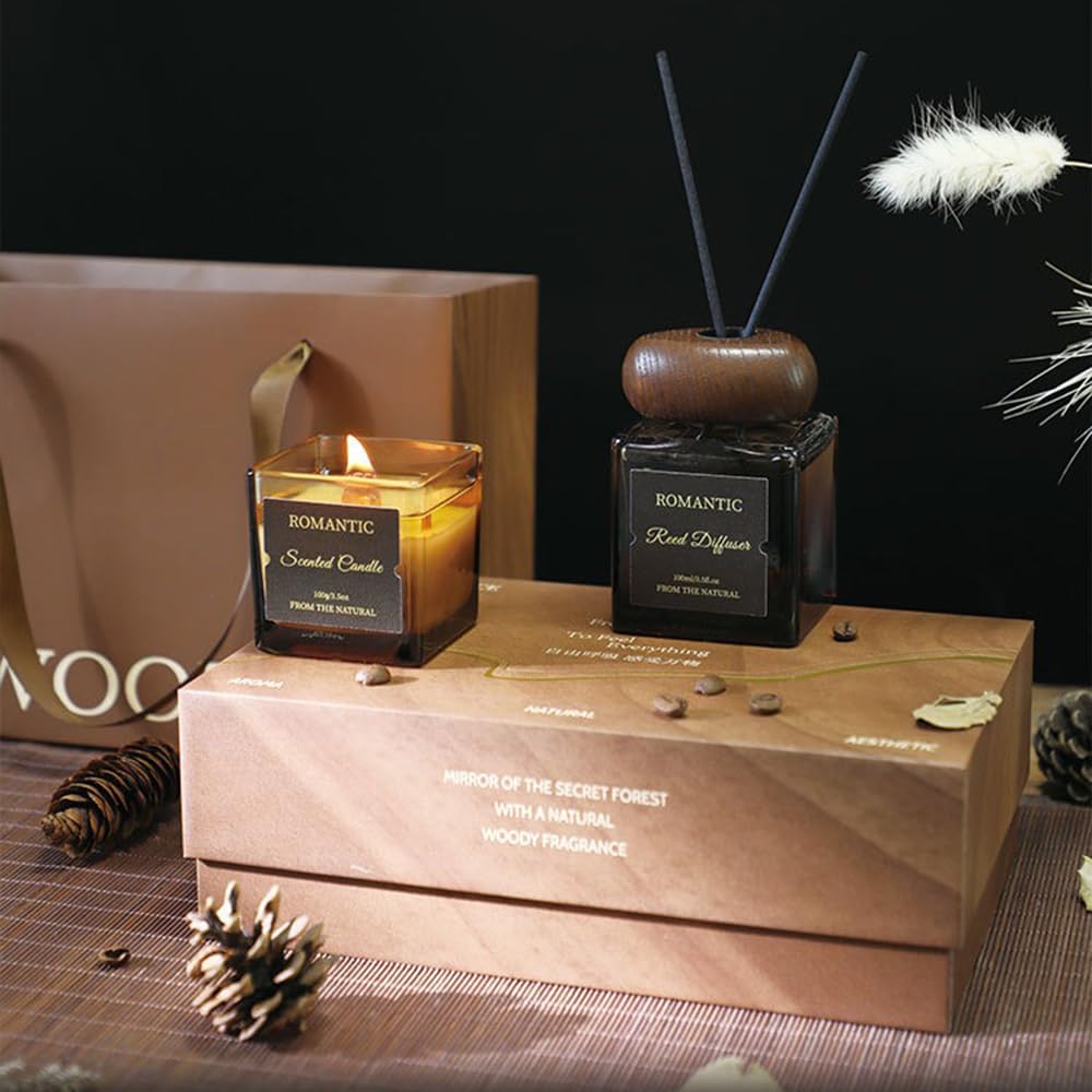 Reed Diffuser and Candle Set, Coffee Flavor Candles and Reed Diffusers Aromatherapy Set for Home Office Décor