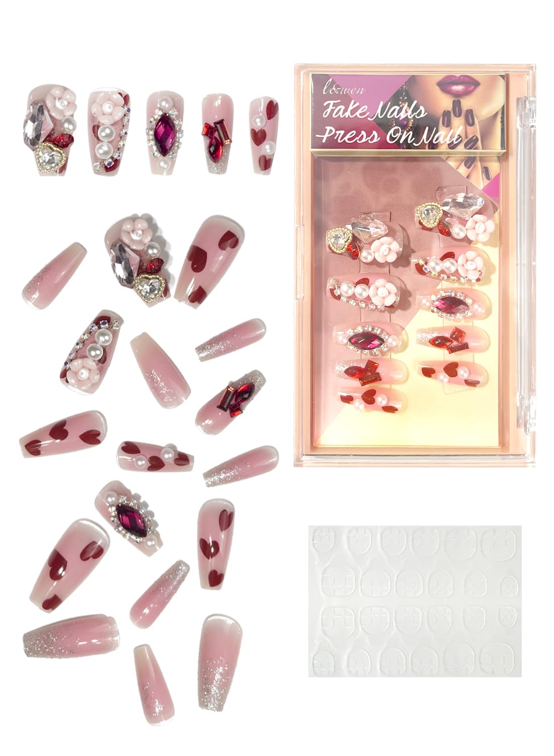24Pcs Press on Nails, Long Lasting Chip-Free Press Ons Square for Gift, Nails Tip Set for Salons and DIY with 36Pcs Nail Adhesive Glue Tapes for Women