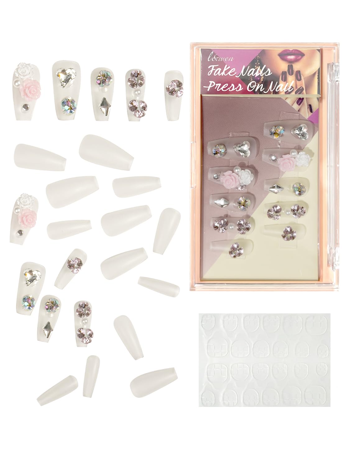 24Pcs Press on Nails, Long Lasting Chip-Free Press Ons Square for Gift, Nails Tip Set for Salons and DIY with 36Pcs Nail Adhesive Glue Tapes for Women