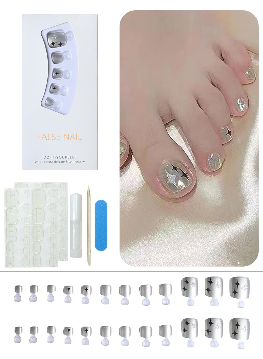 24Pcs Press on Toenails Short, Long Lasting Fake Toe Nails Full Cover, False Toenails for Feet for Summer Nail Art with Nail File Nail Stick & 72 Pcs Nail Adhesive Glue