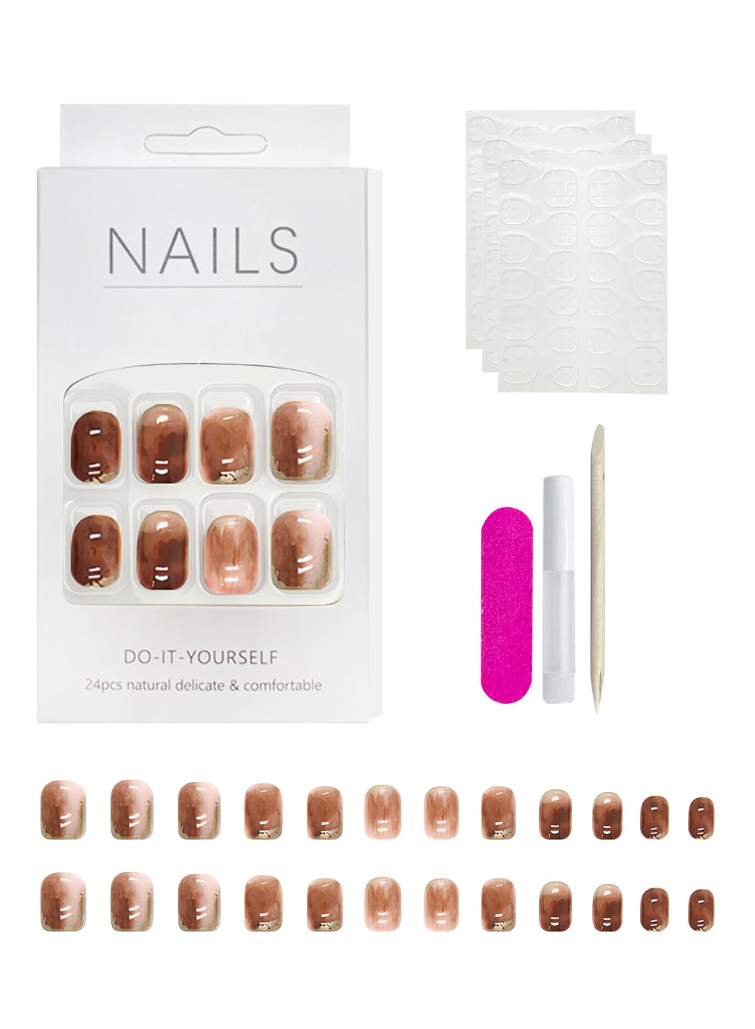 24 Pcs Press On Nails Short, Reusable French Gel Nail Tips Set, Natural Soft Gel Press on Nails for Salons and DIY with 72 Pcs Nail Adhesive Glue Tapes