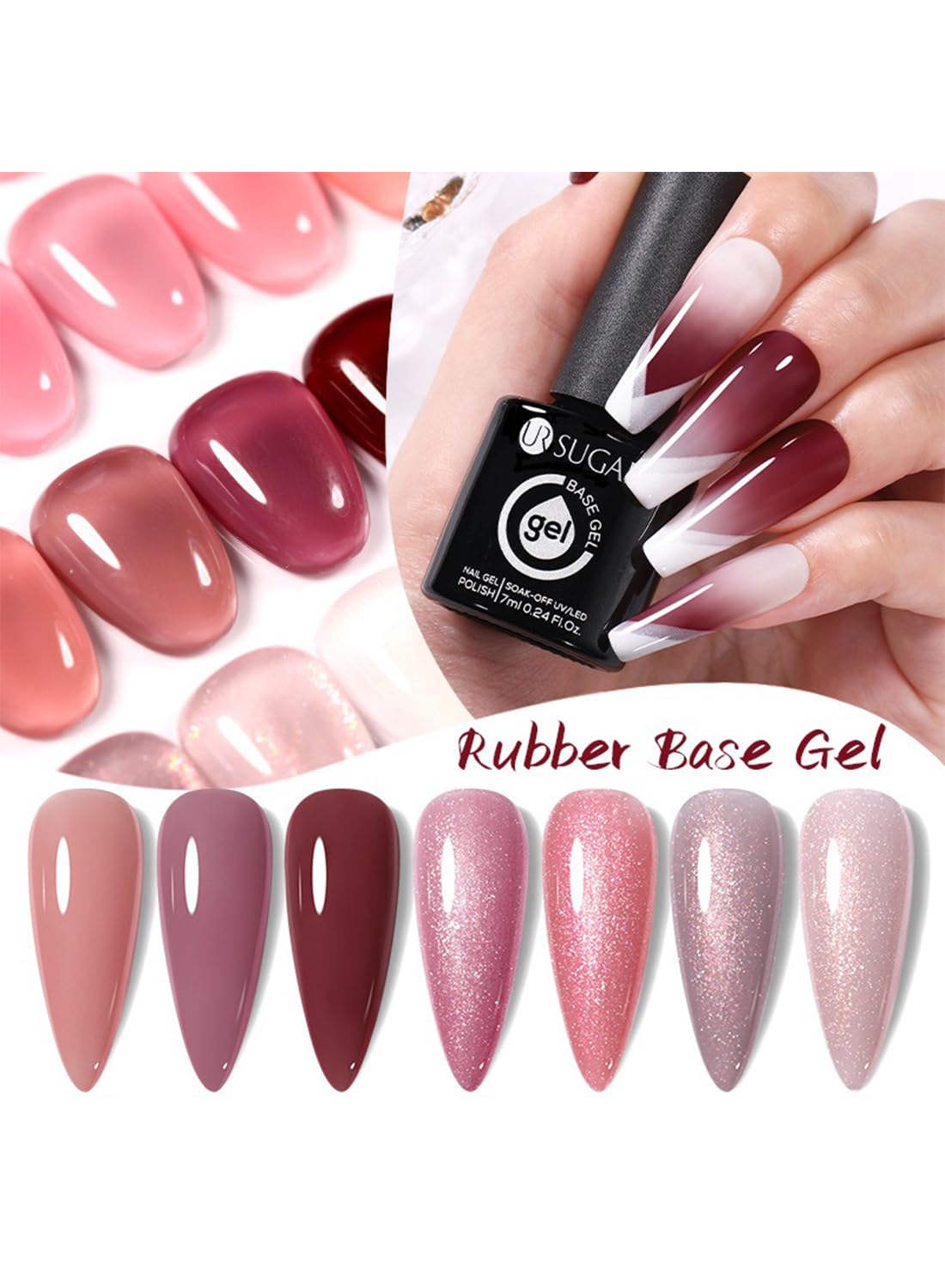 Rubber Base Gel Nail Polish, Soak Off UV LED Shiny Glossy Glitter Nail Gel Polish, Quick Extend Builder Base Nail Gel, Base Coat For Nail Strengthening 7ML