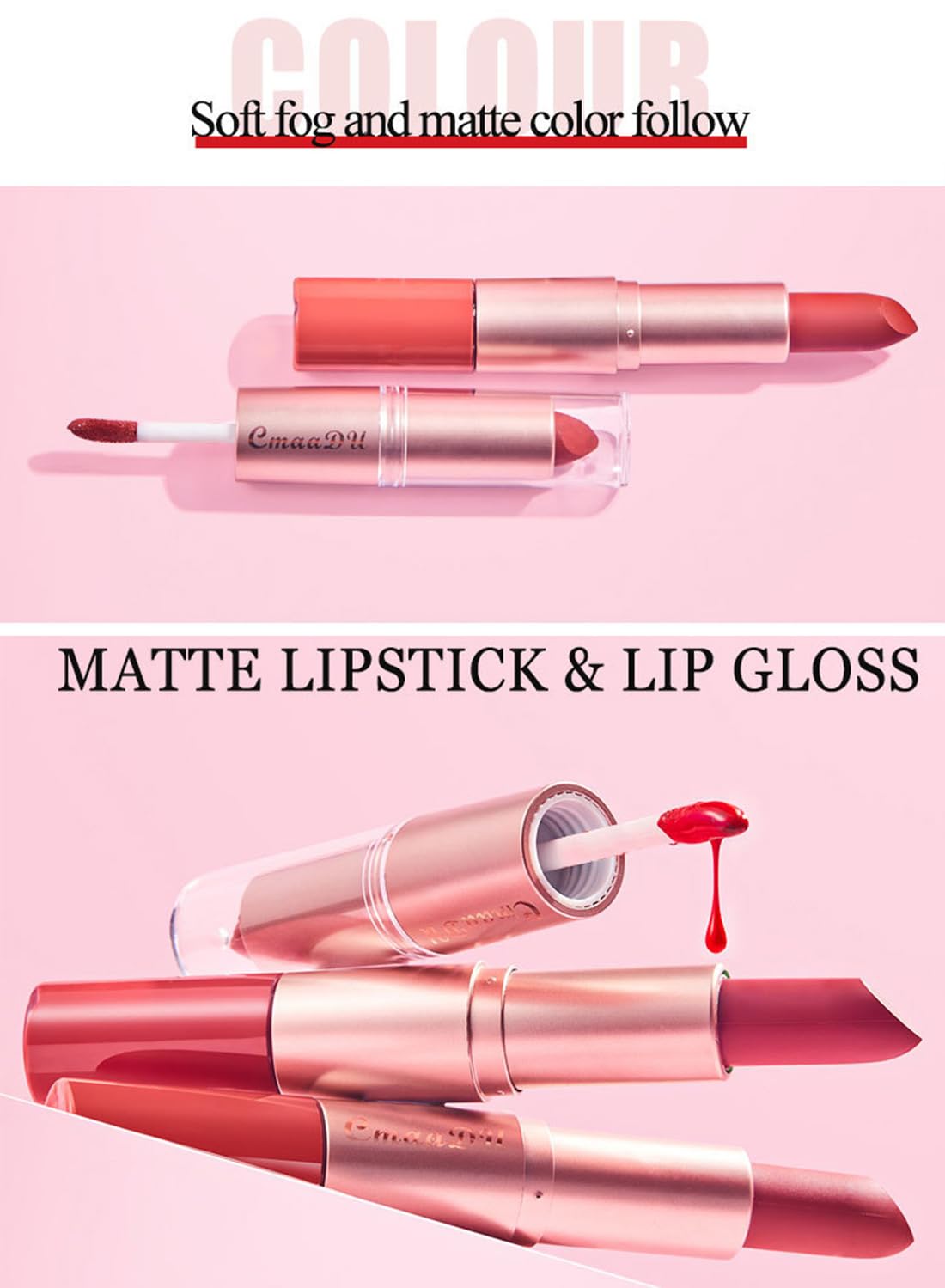2 in 1 Lipstick & Lip Gloss, Matte Velvet Double Headed Lip Gloss, Waterproof Non-Stick Cup Long Lasting High Pigment Lip Makeup for Women 1 Pcs