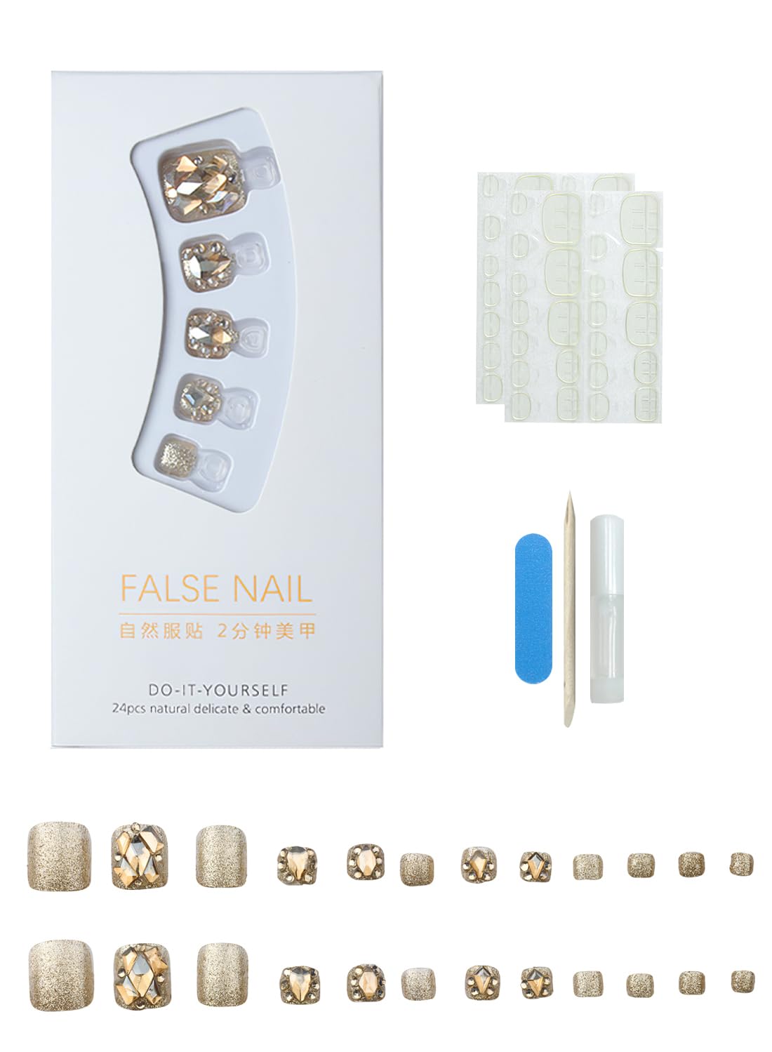24Pcs Press on Toenails Short, Long Lasting Fake Toe Nails Full Cover, False Toenails for Feet for Summer Nail Art with Nail File Nail Stick & 72 Pcs Nail Adhesive Glue