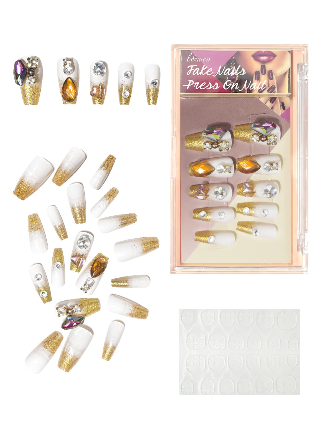 24Pcs Press on Nails, Long Lasting Chip-Free Press Ons Square for Gift, Nails Tip Set for Salons and DIY with 36Pcs Nail Adhesive Glue Tapes for Women