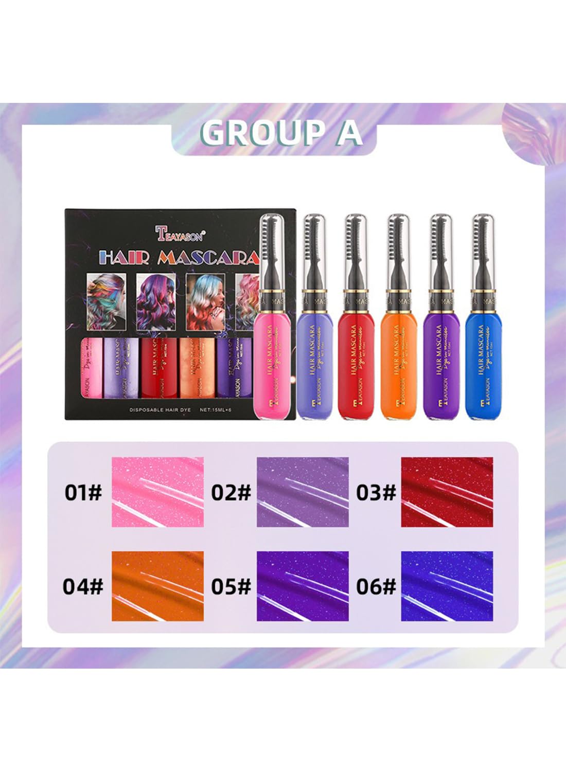Hair Mascara Set, 6Pcs Temporary Colorful Washable Hair Chalk for Salon & DIY