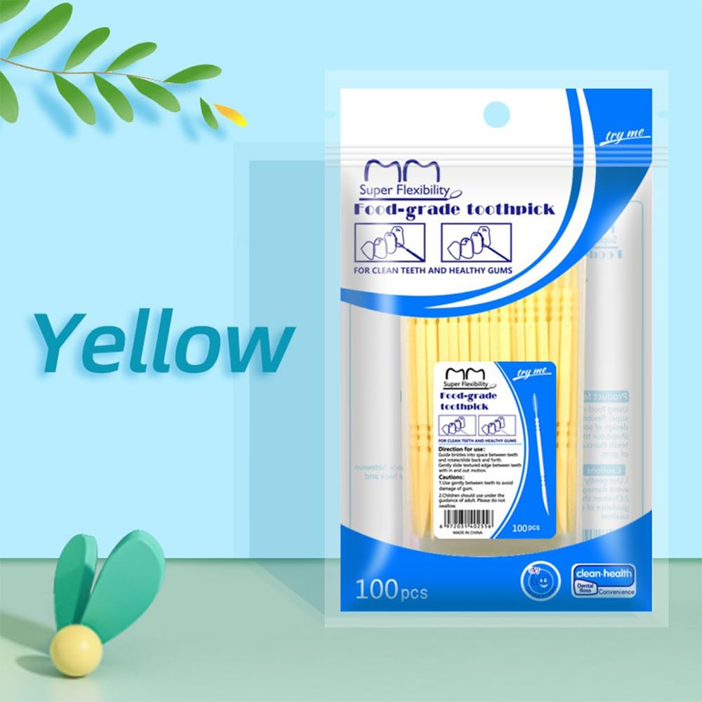 2-in-1 Double Head Interdental Toothpick Brush, Plastic Dental Floss Picks - 100 Pcs/Box, Yellow