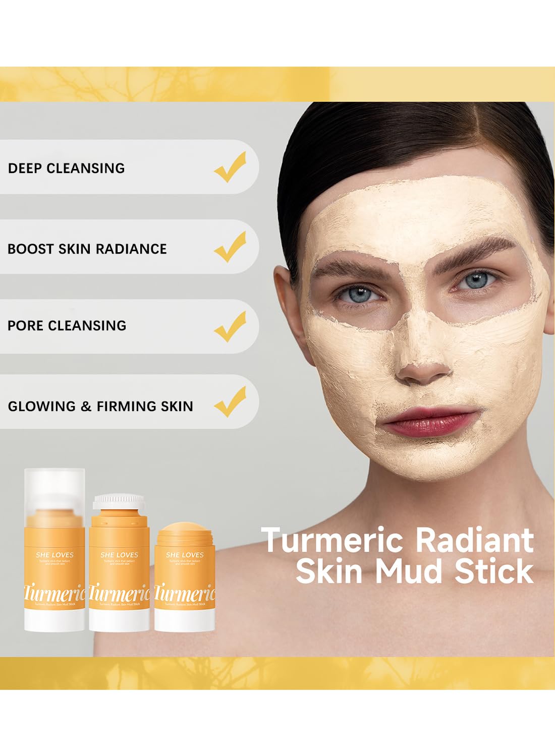 Turmeric Clay Face Mask Stick, Organic Vitamin C Purifying Clay Mask, Reduce Acne Scars Blackhead Healing Mask, Deep Pore Cleanser, Radiant and Smooth Skin, Anti-Aging Skin Care
