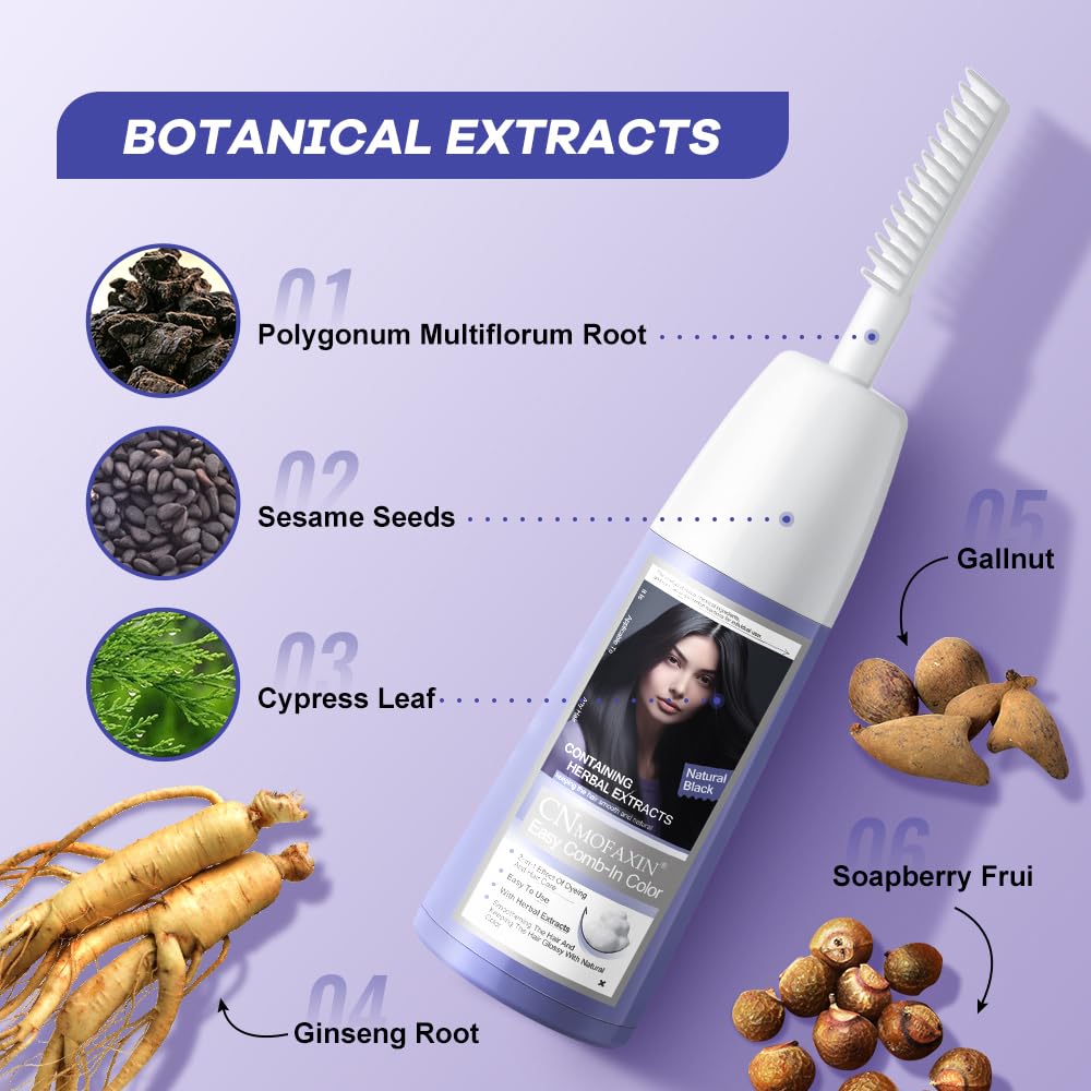 Natural Plant Bubble Hair Dye Kit with Comb, Long Lasting Pure Plant Extract for Grey Hair Color Bubble Dye, Easy to Use Hair Dye for Women Men 200ml