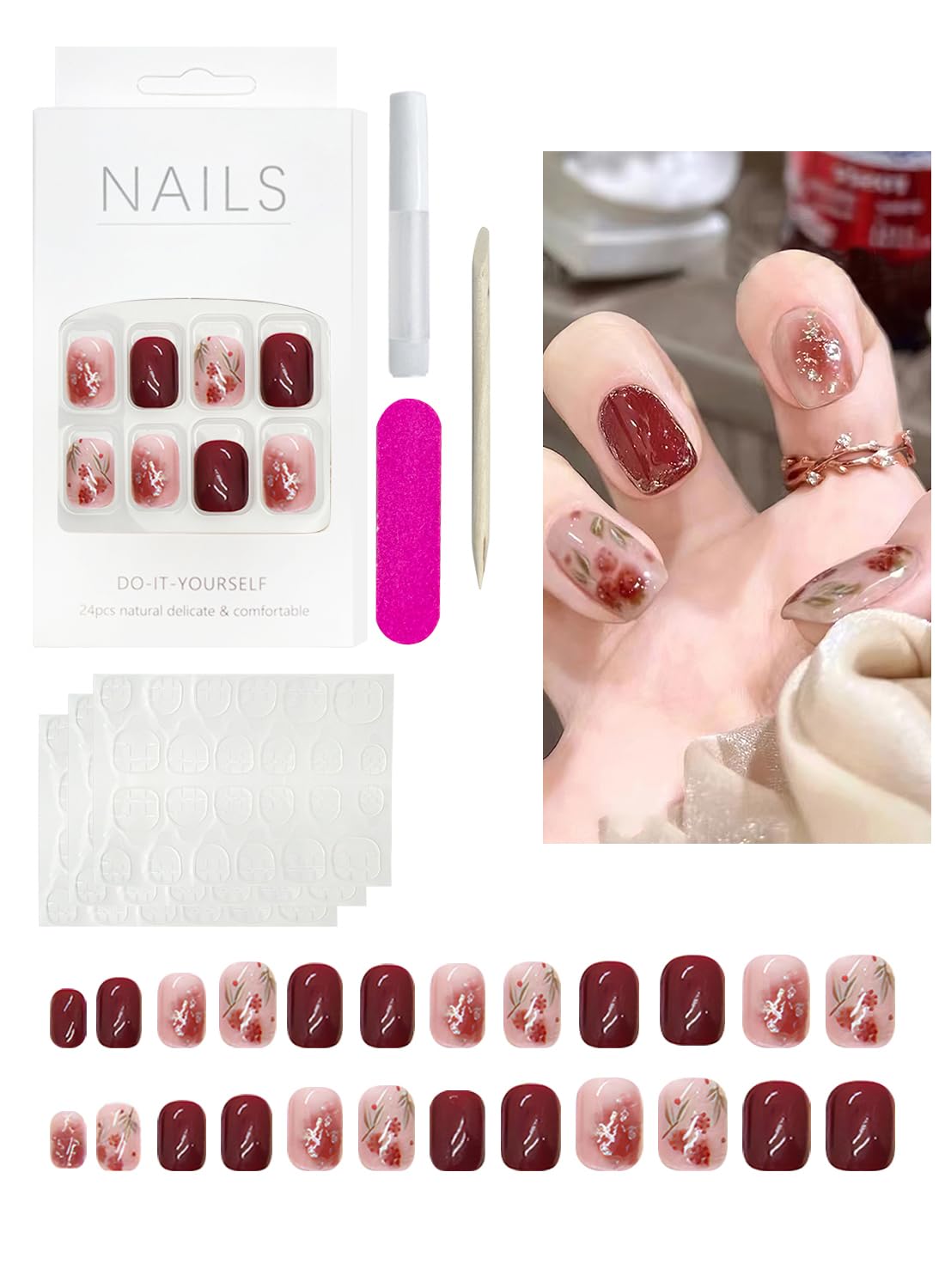 24 Pcs Press On Nails Short, Reusable French Gel Nail Tips Set, Natural Soft Gel Press on Nails for Salons and DIY with 72 Pcs Nail Adhesive Glue Tapes
