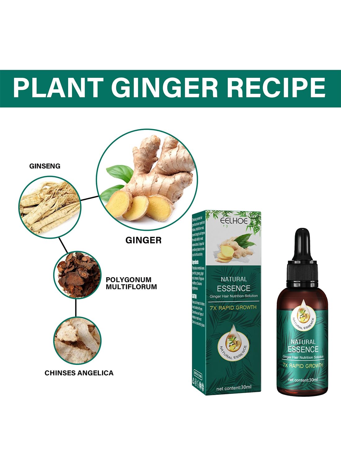 Natural Essence Ginger Hair Nutrition Solution, Ginger Hair Growth Serum, Non Greasy Hair Growth Oil to Prevent Hair Loss and Stimulate Hair Growth for Stronger, Thicker, Longer Hair 30ml